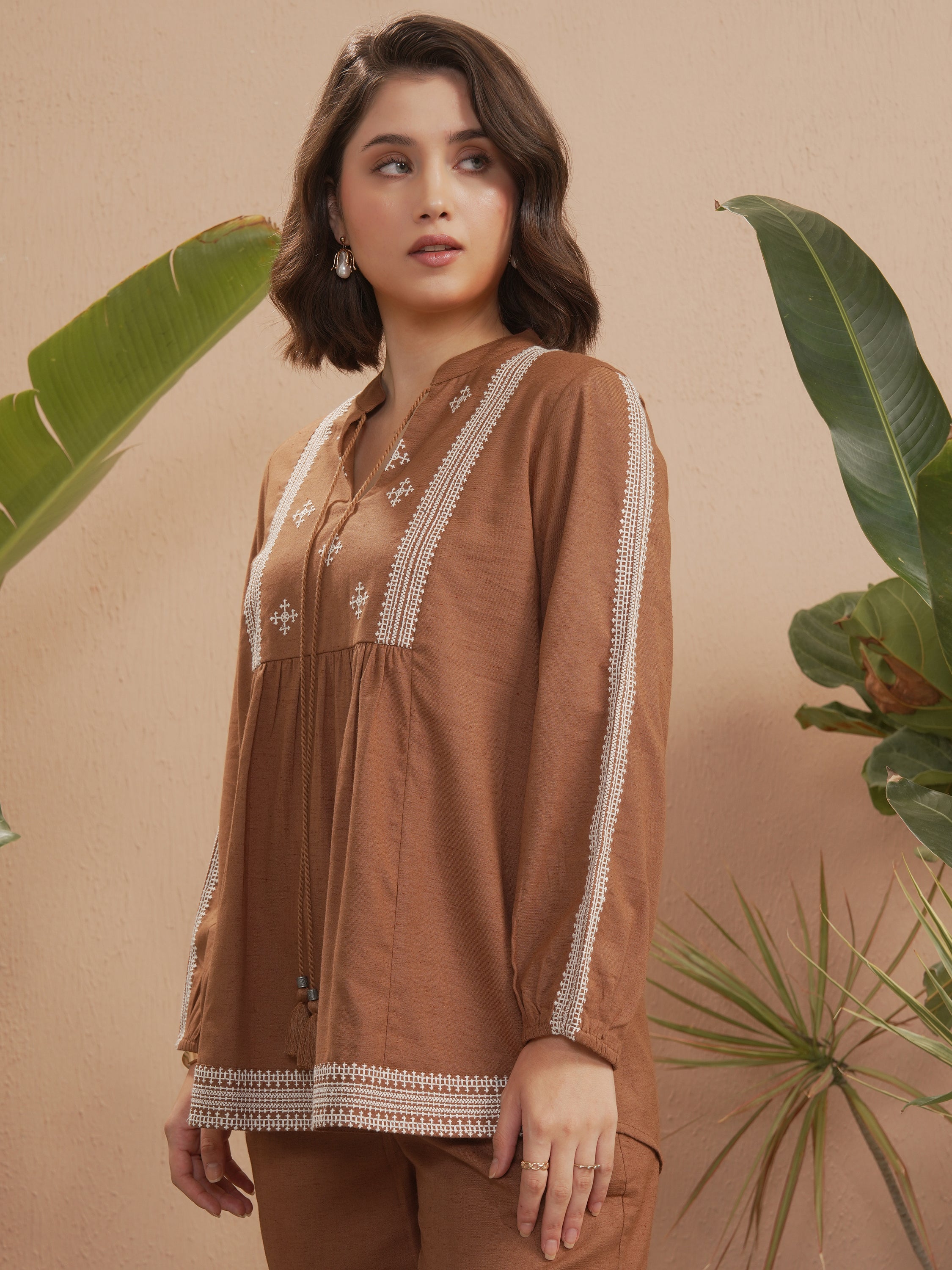 Vara By Vishudh Women Brown Embroidered Top - Brown - Image 4