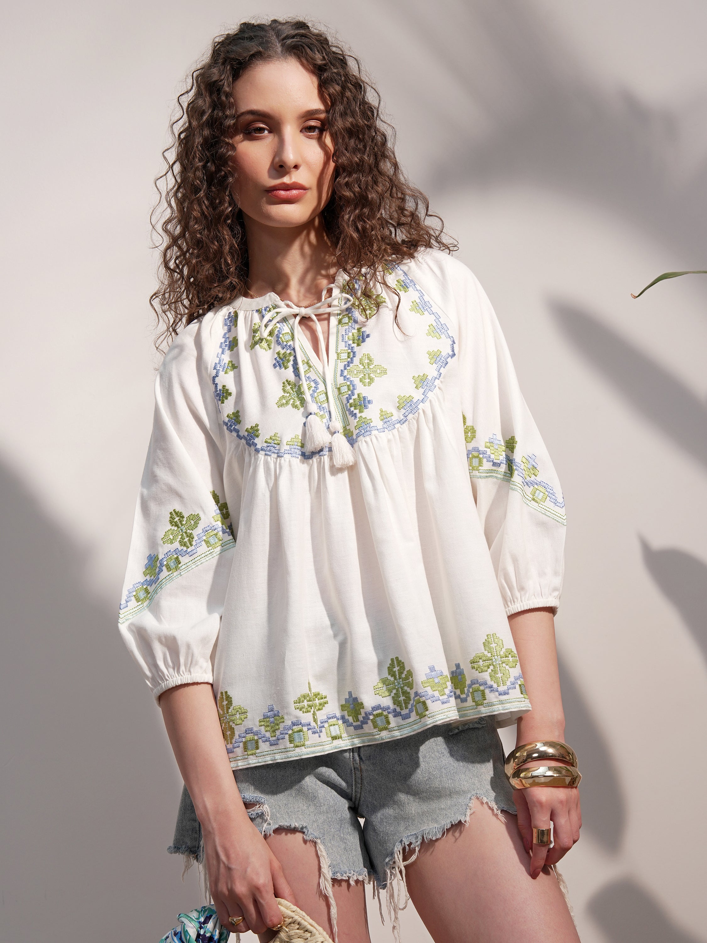 Vara By Vishudh Women White Embroidered Top - White - Image 1