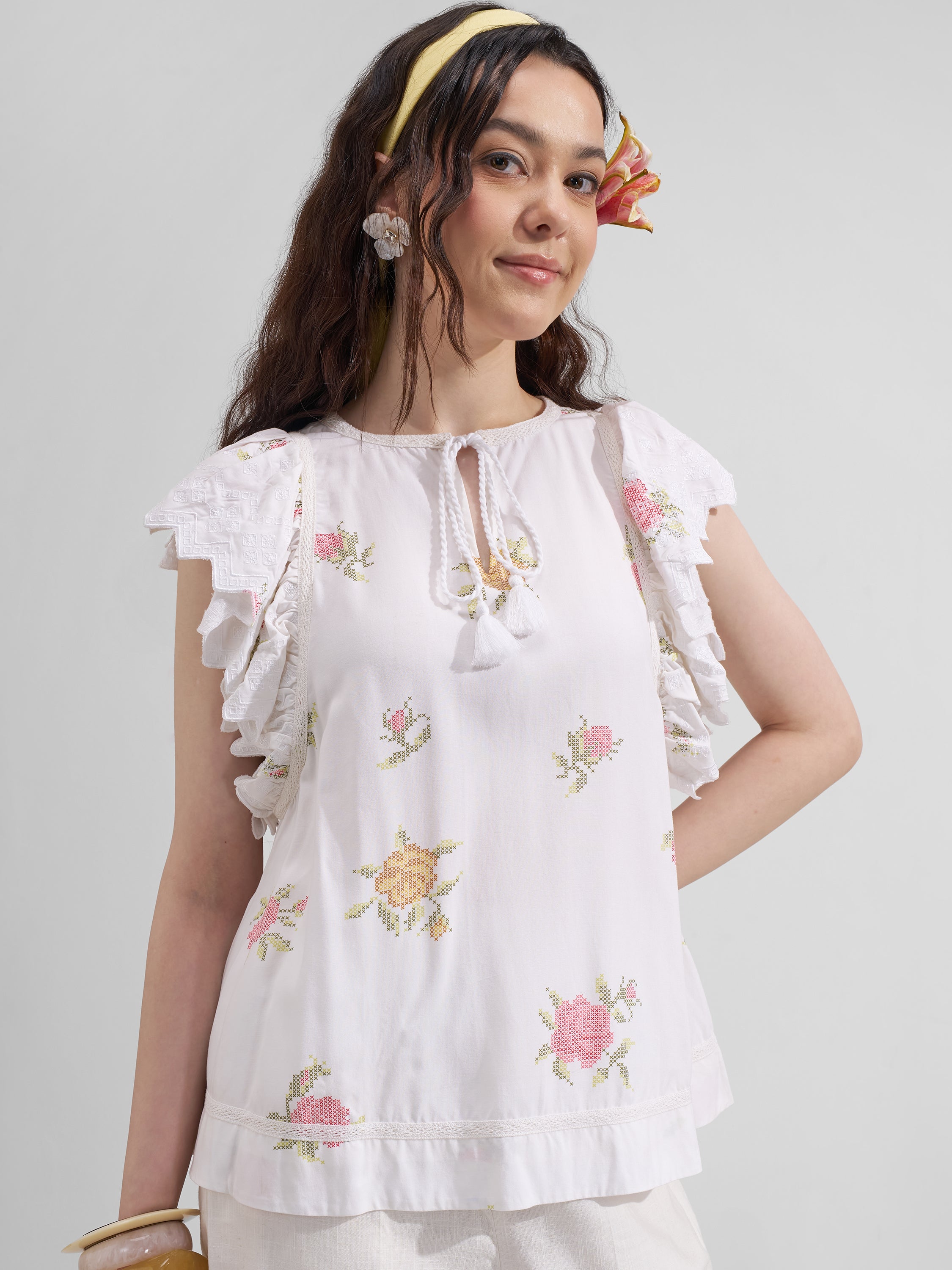 Vara By Vishudh Women White Printed Regular Top