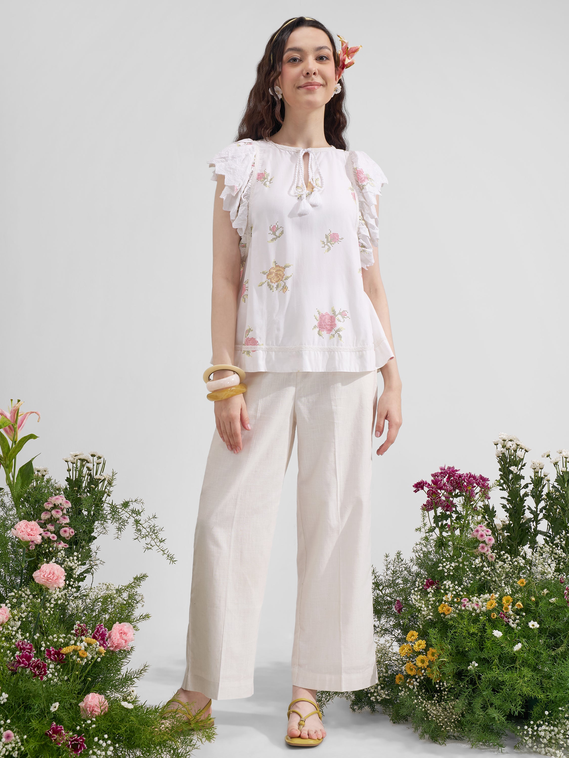 Vara By Vishudh Women White Printed Regular Top