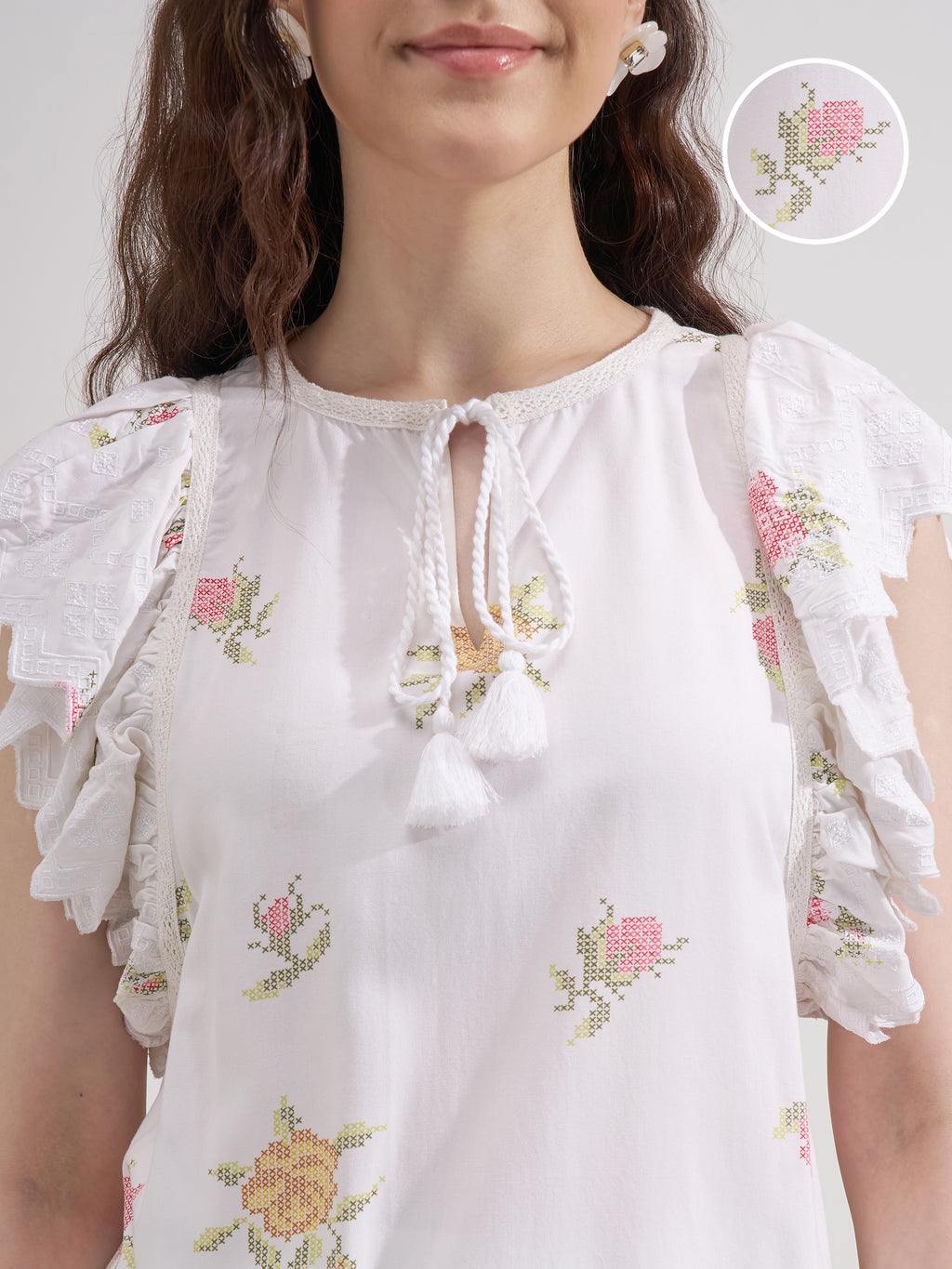 Vara By Vishudh Women White Printed Regular Top