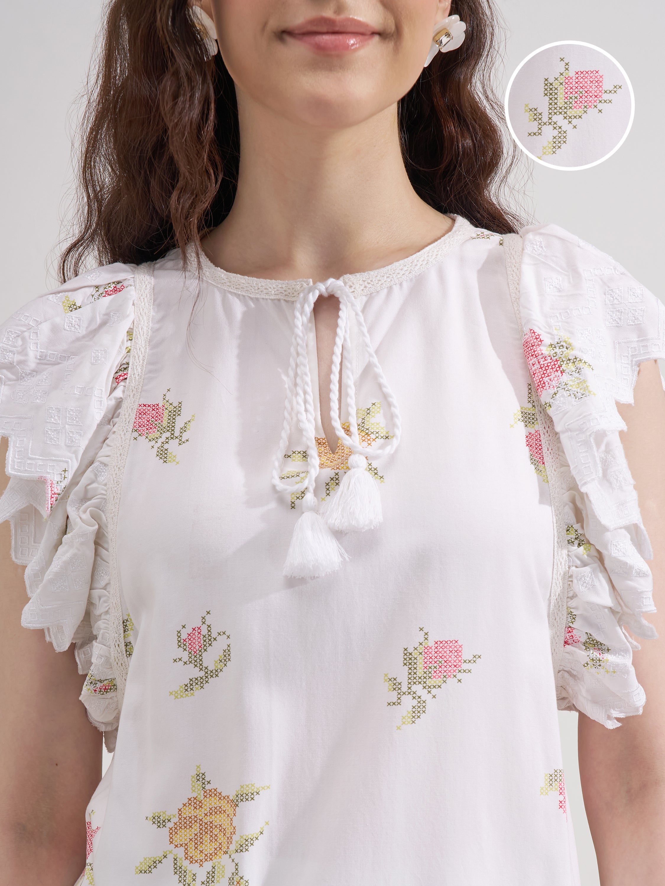 Vara By Vishudh Women White Printed Regular Top