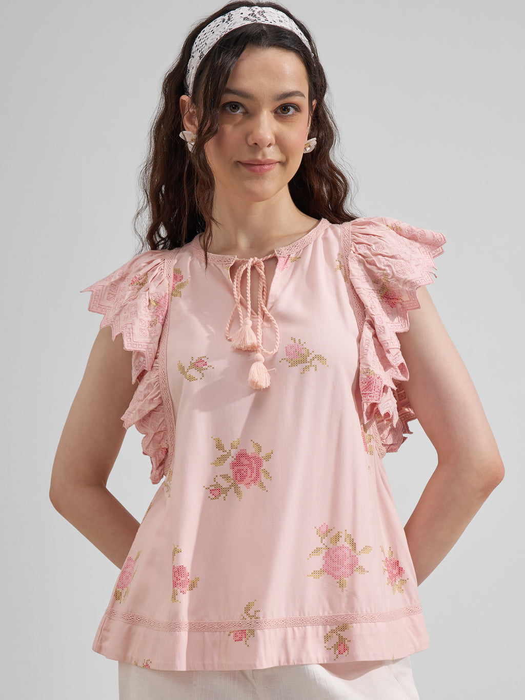 Vara By Vishudh Women Peach Printed Regular Top
