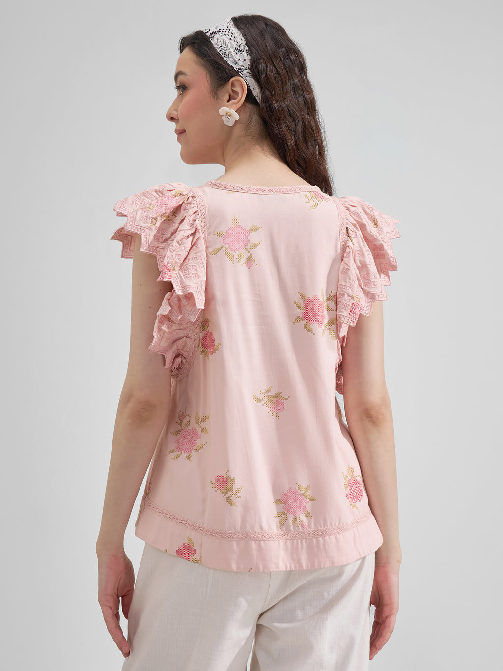 Vara By Vishudh Women Peach Printed Regular Top