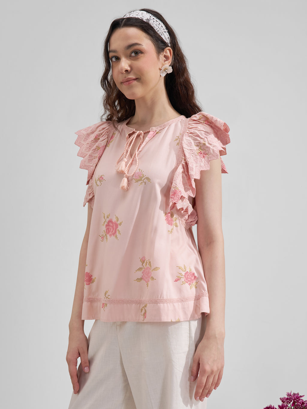 Vara By Vishudh Women Peach Printed Regular Top