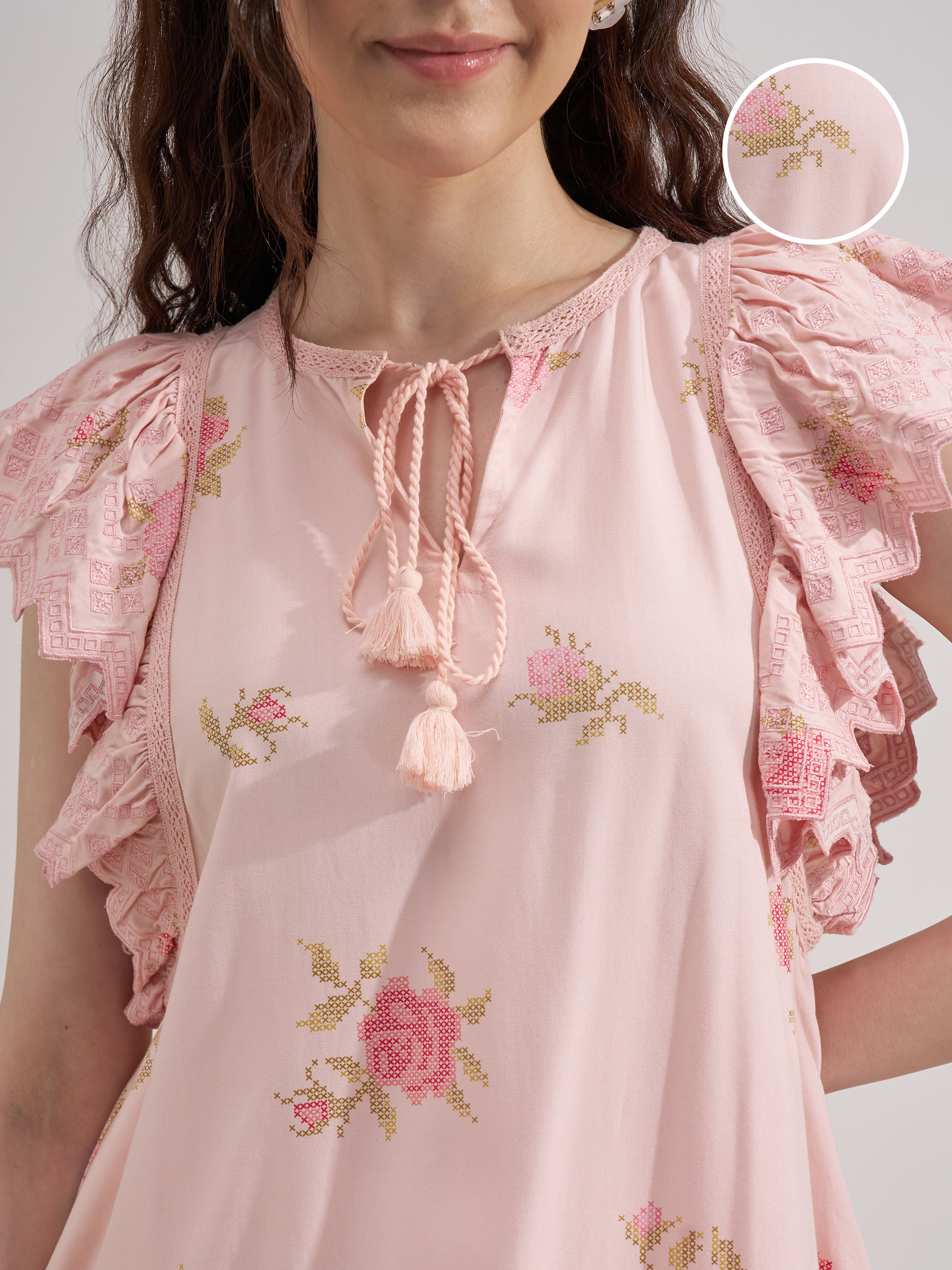 Vara By Vishudh Women Peach Printed Regular Top