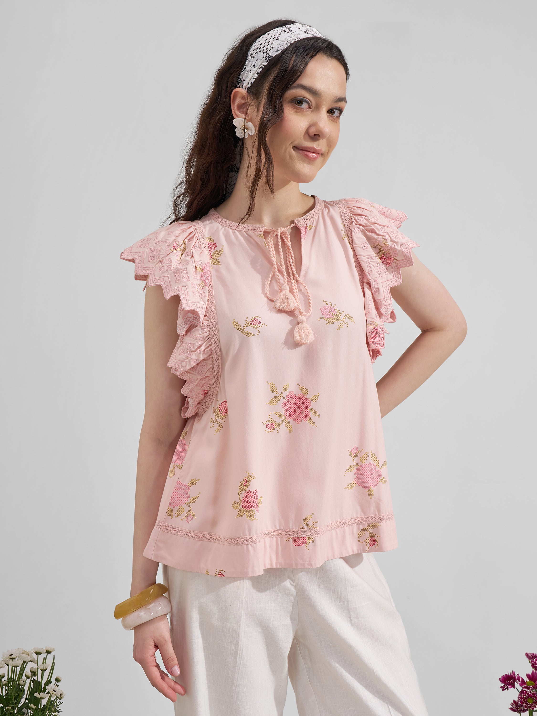 Vara By Vishudh Women Peach Printed Regular Top