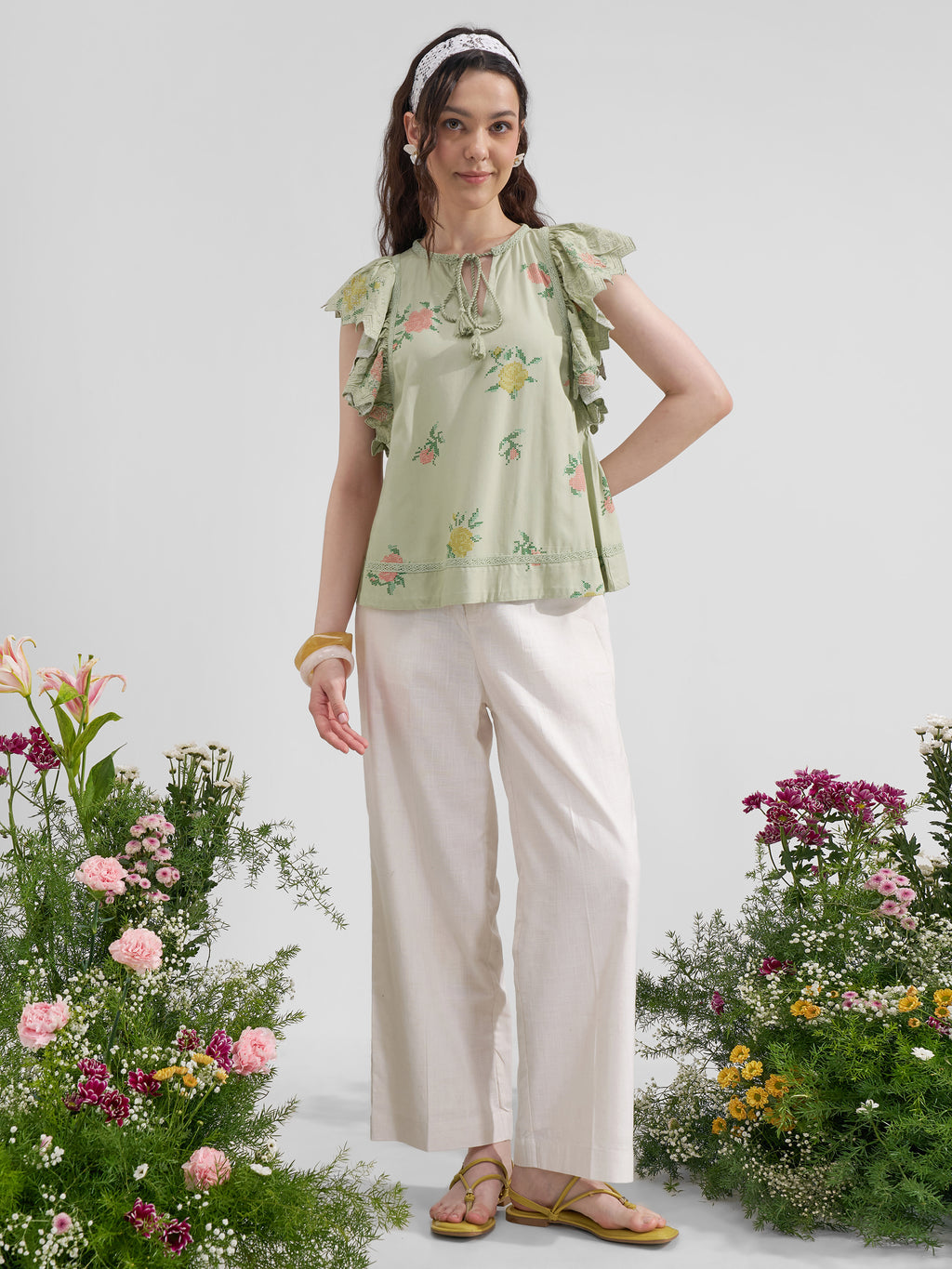 Vara By Vishudh Women Green Printed Regular Top