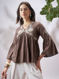 Vara By Vishudh Women Tan Embroidered Top - Tan - Image 1