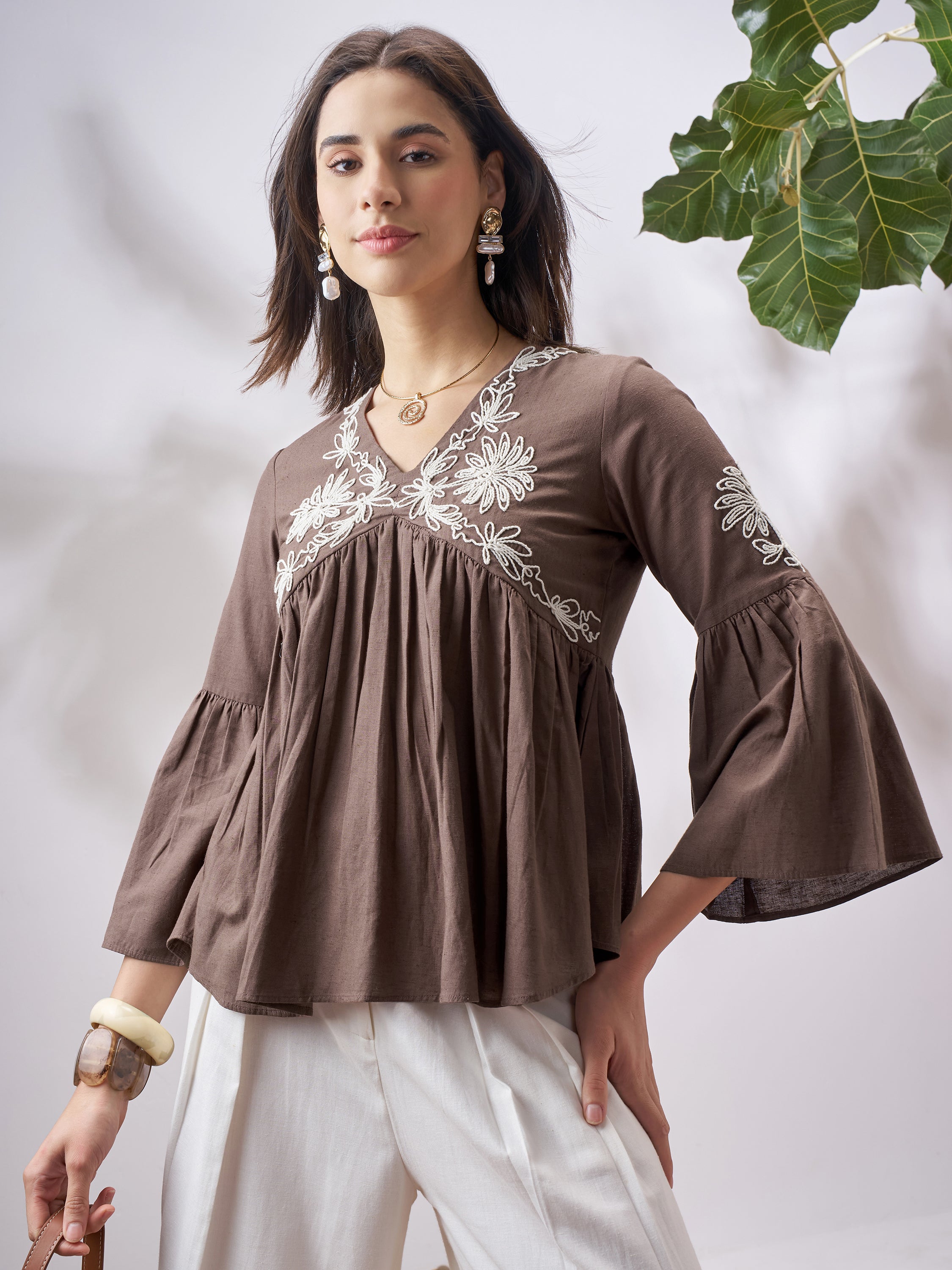 Vara By Vishudh Women Tan Embroidered Top - Tan - Image 1