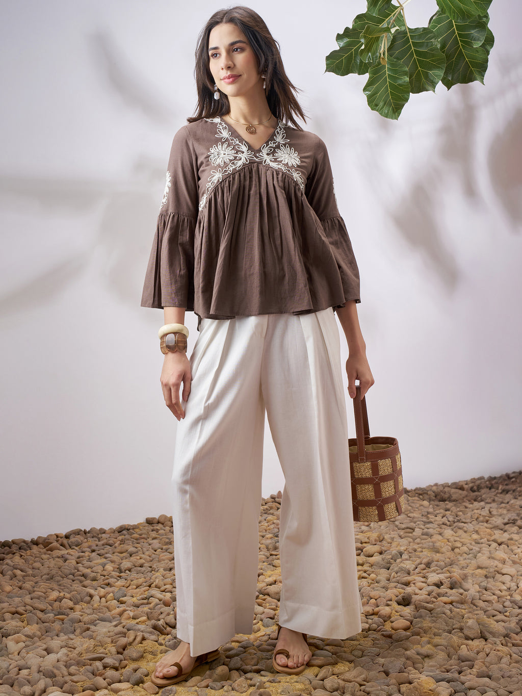 Vara By Vishudh Women Tan Embroidered Top - Tan - Image 2