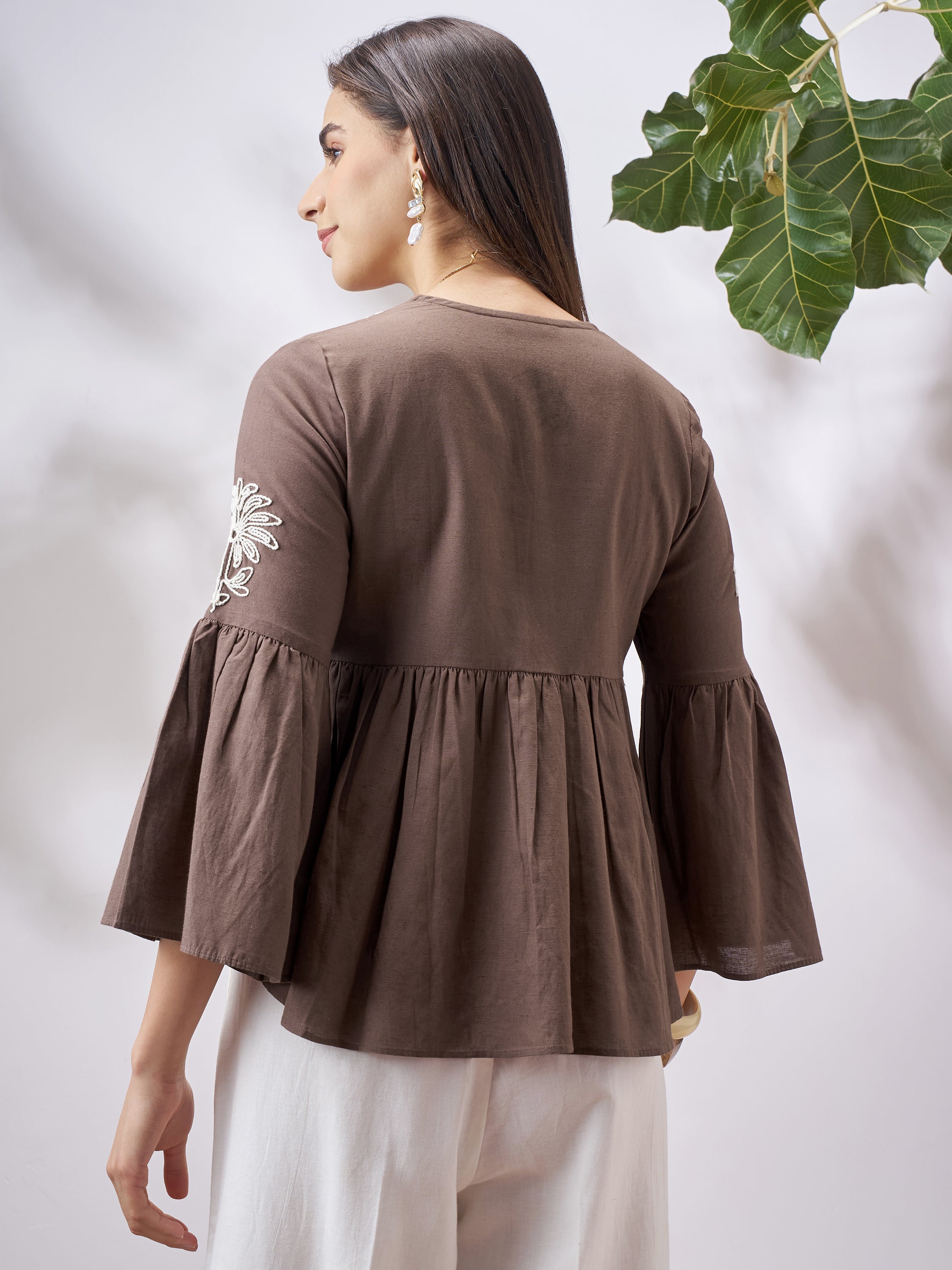 Vara By Vishudh Women Tan Embroidered Top - Tan - Image 3