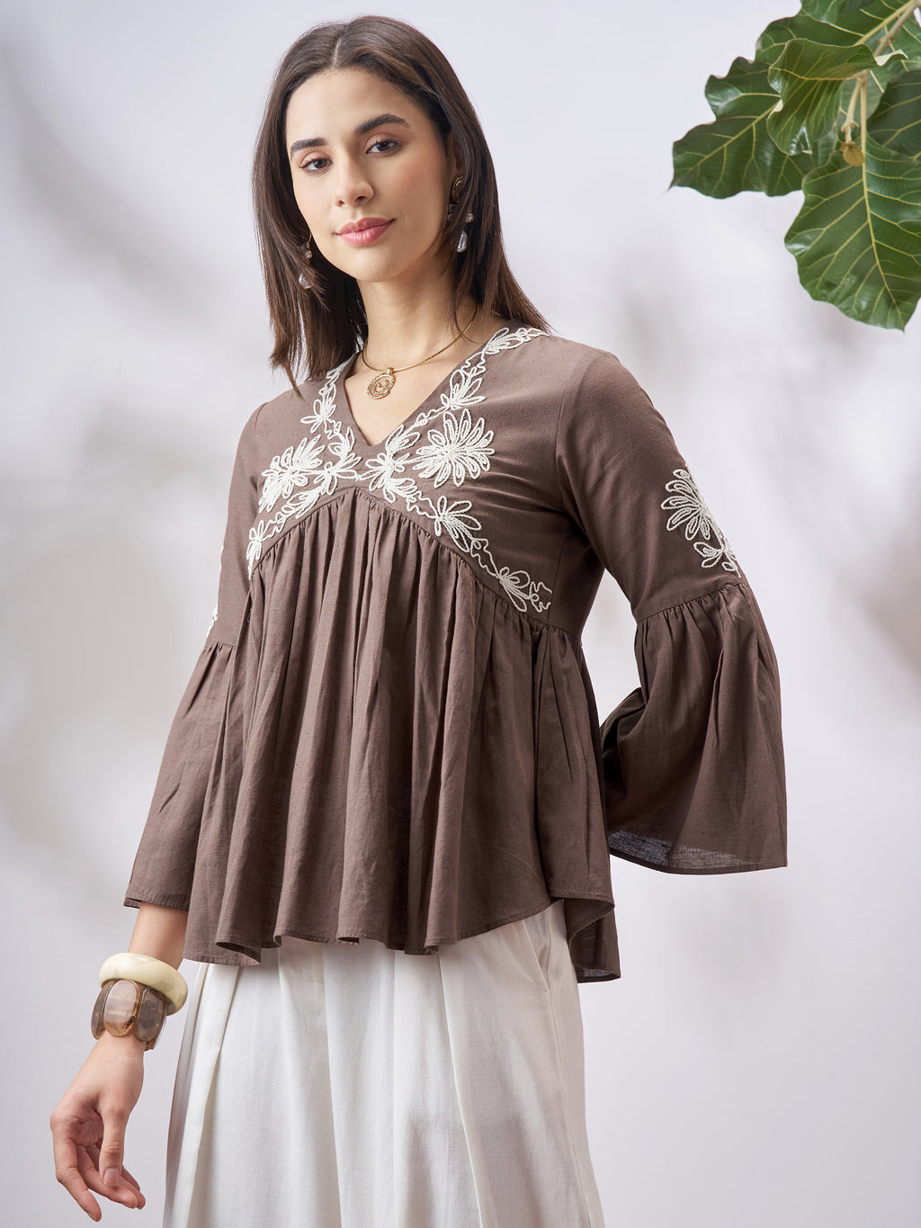 Vara By Vishudh Women Tan Embroidered Top - Tan - Image 4