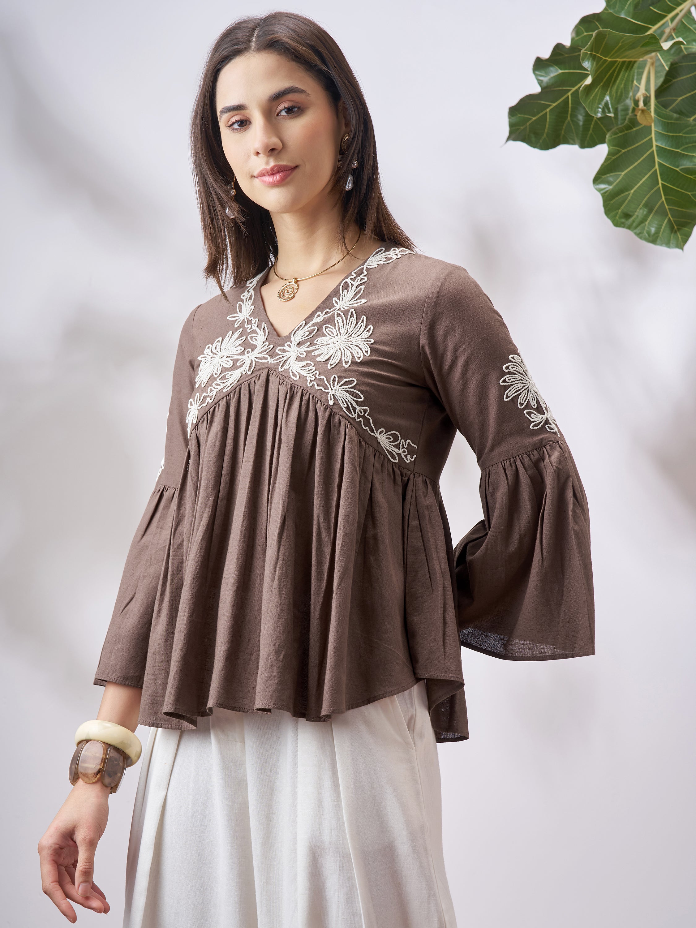 Vara By Vishudh Women Tan Embroidered Top - Tan - Image 4