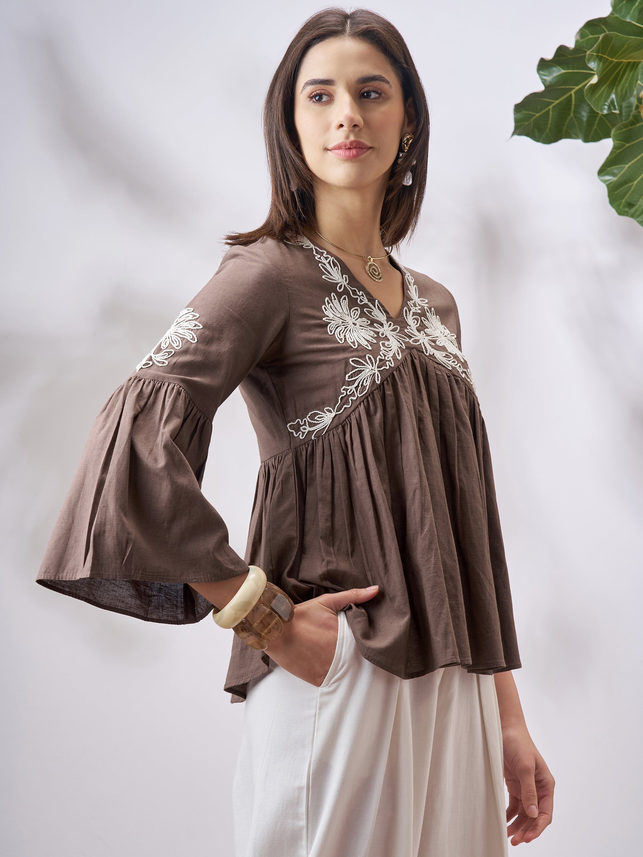 Vara By Vishudh Women Tan Embroidered Top - Tan - Image 6