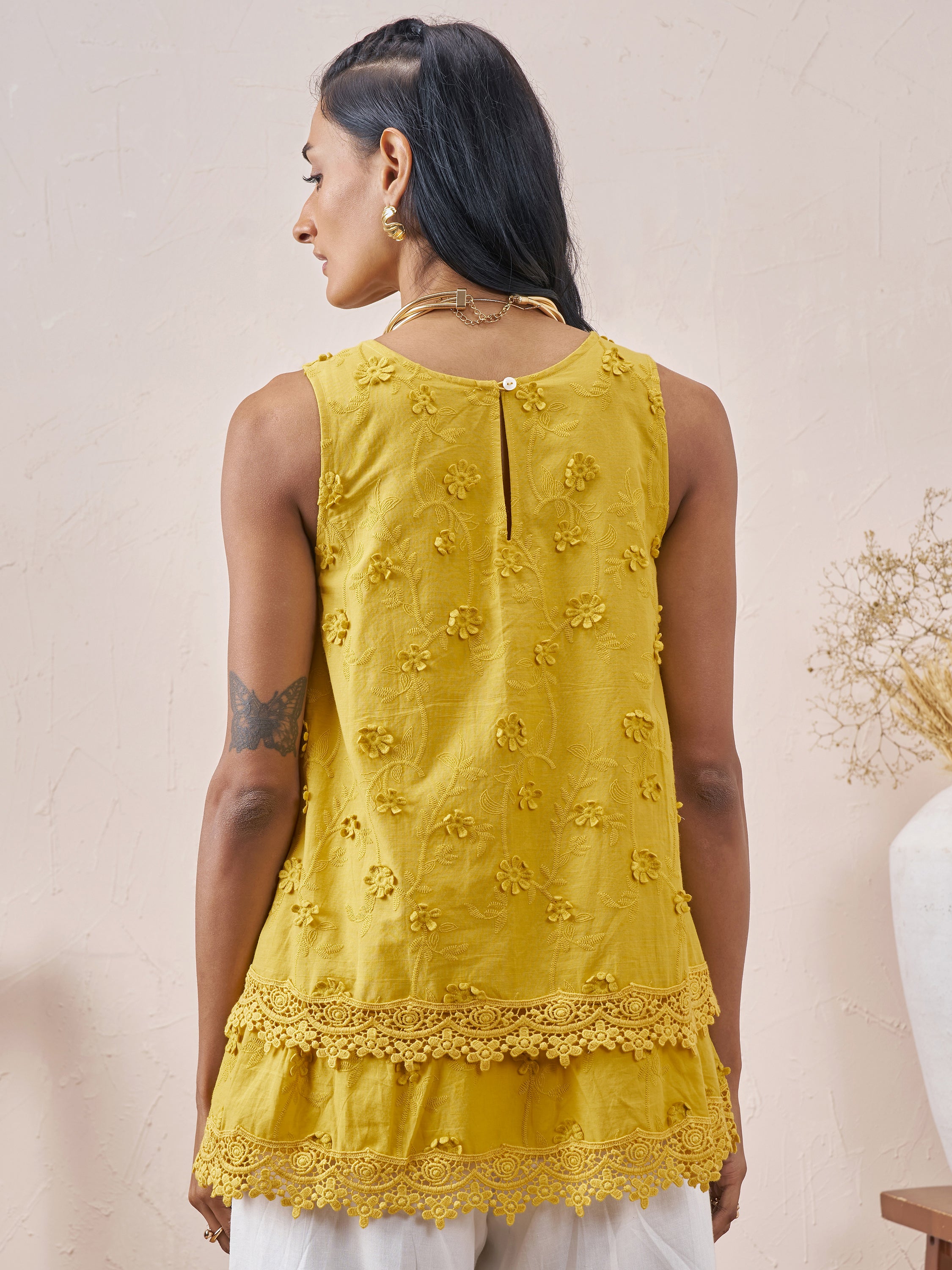 Vara By Vishudh Women Mustard Embroidered Top - Mustard - Image 3