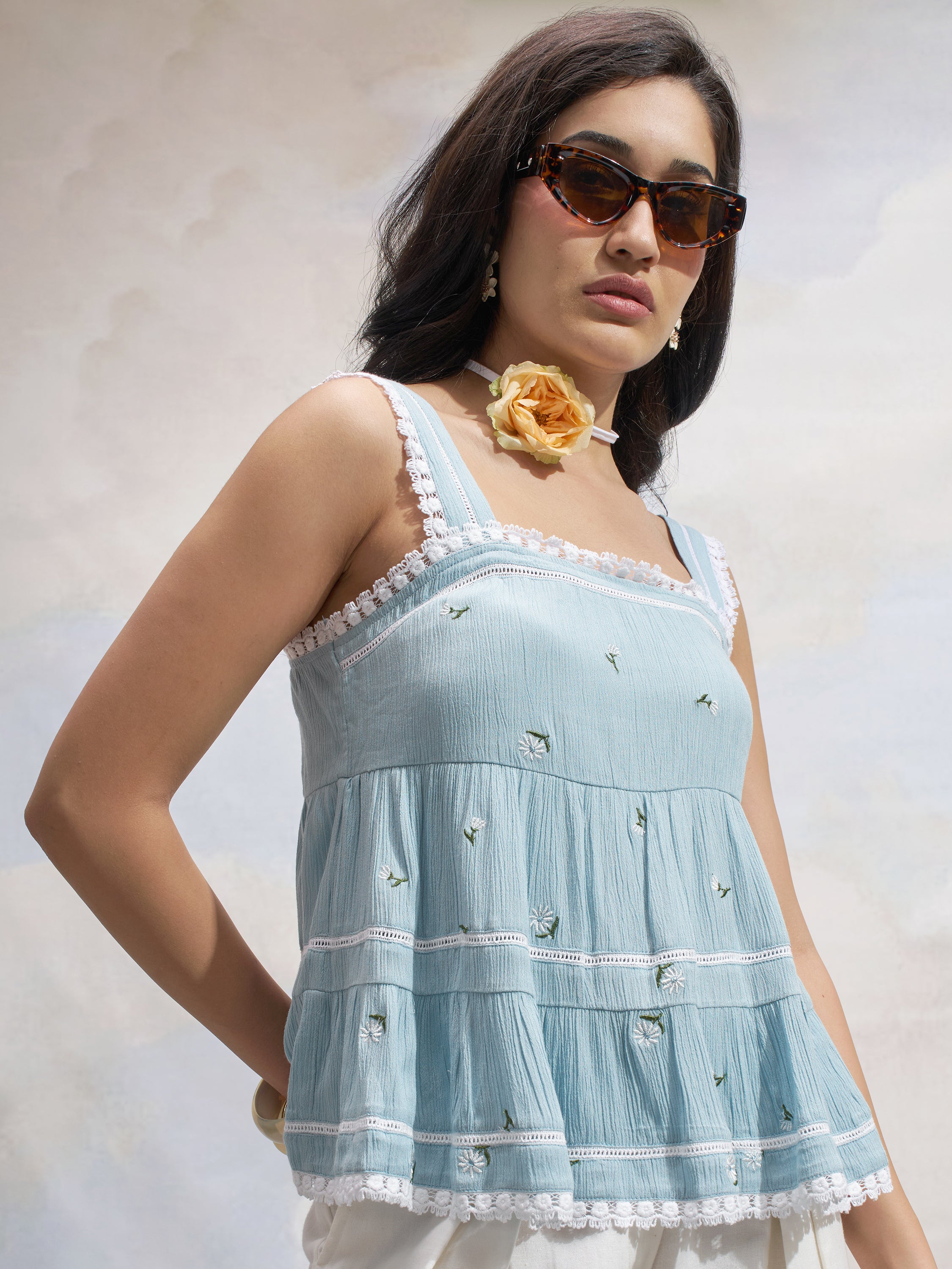 Vara By Vishudh Women Blue Embroidered Top - Blue - Image 1
