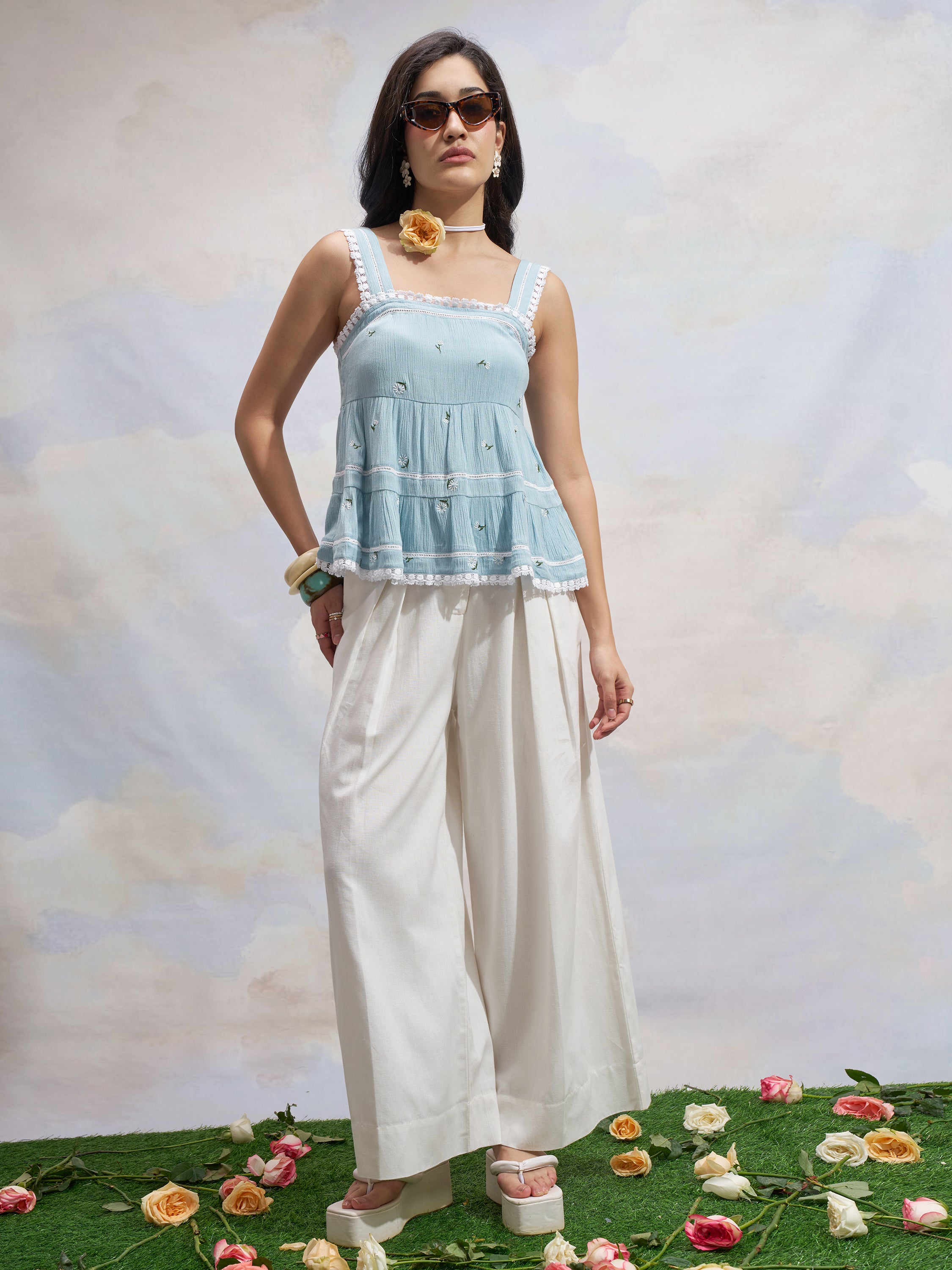 Vara By Vishudh Women Blue Embroidered Top - Blue - Image 2