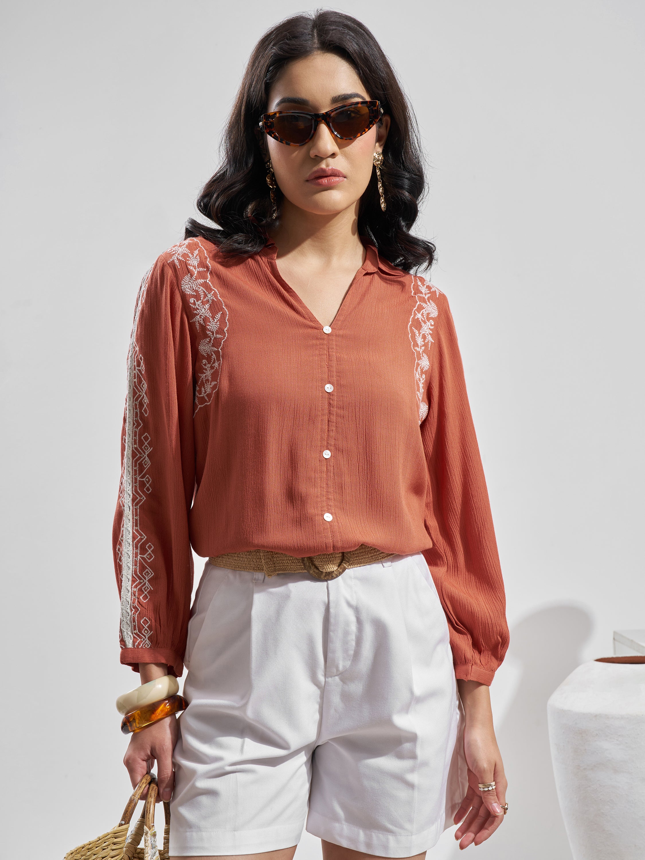 Vara By Vishudh Women Rust Embroidered Top - Rust - Image 1