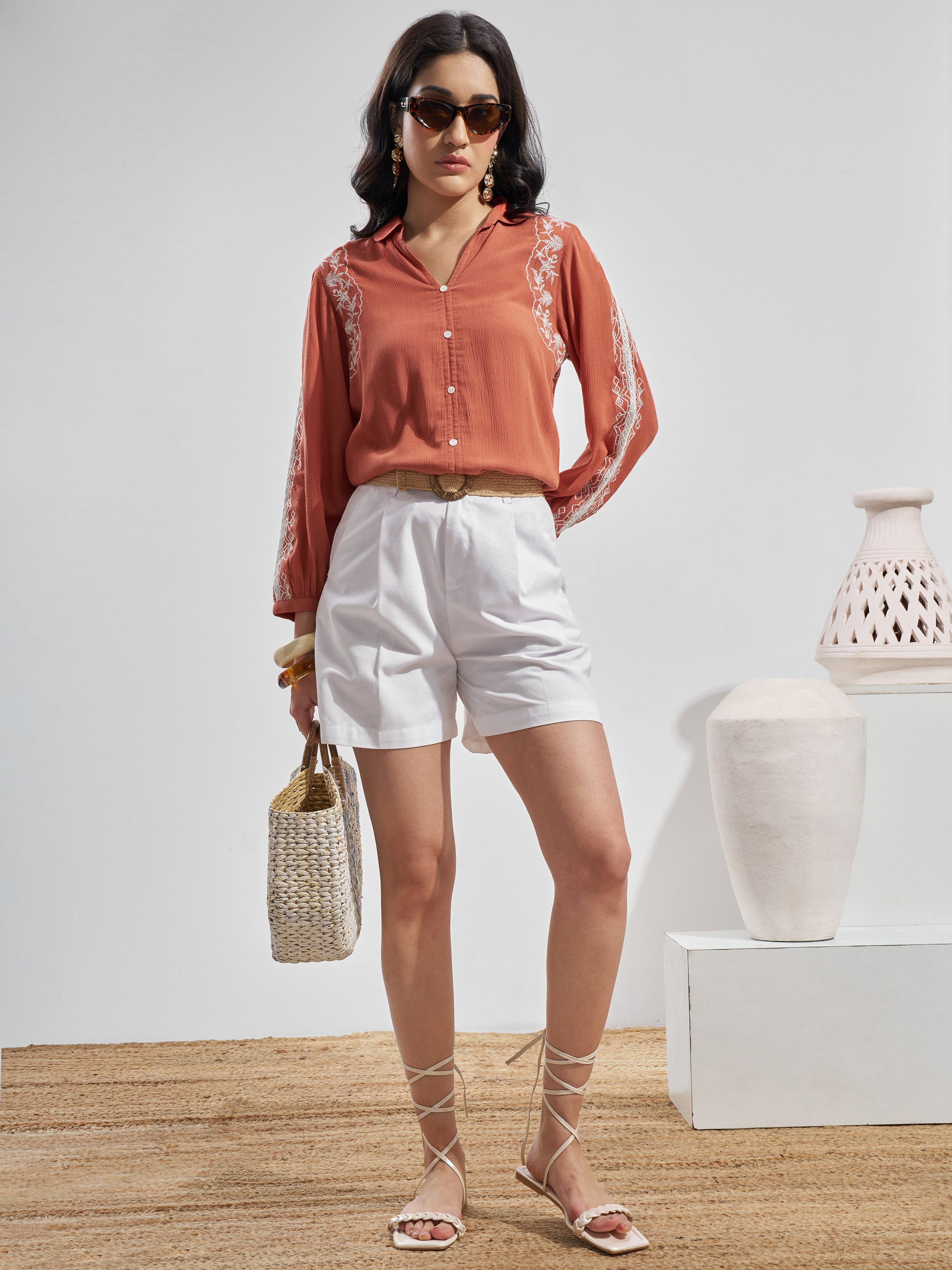 Vara By Vishudh Women Rust Embroidered Top - Rust - Image 2