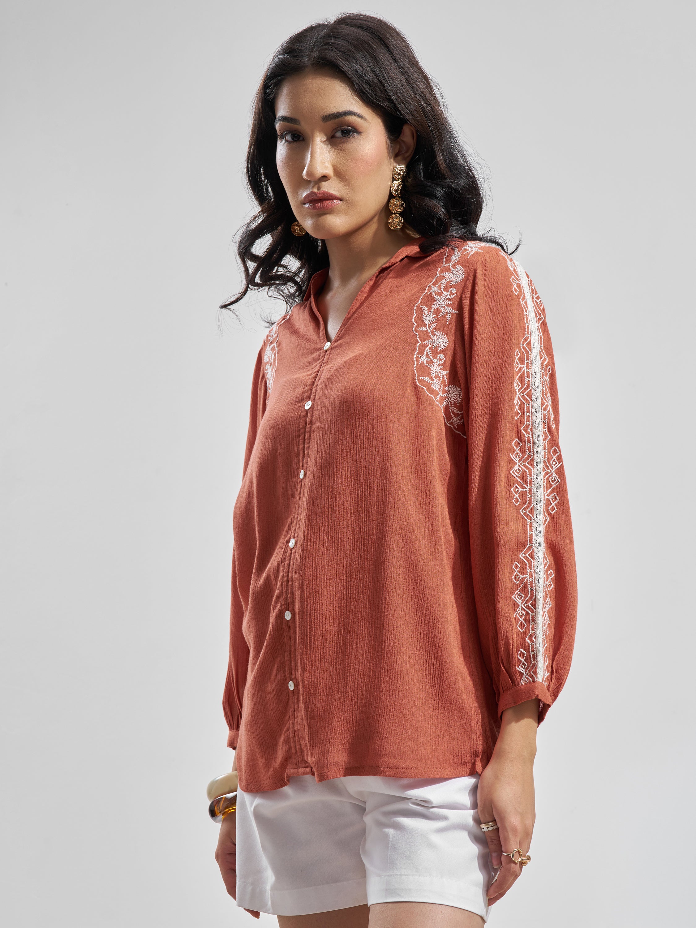 Vara By Vishudh Women Rust Embroidered Top - Rust - Image 4