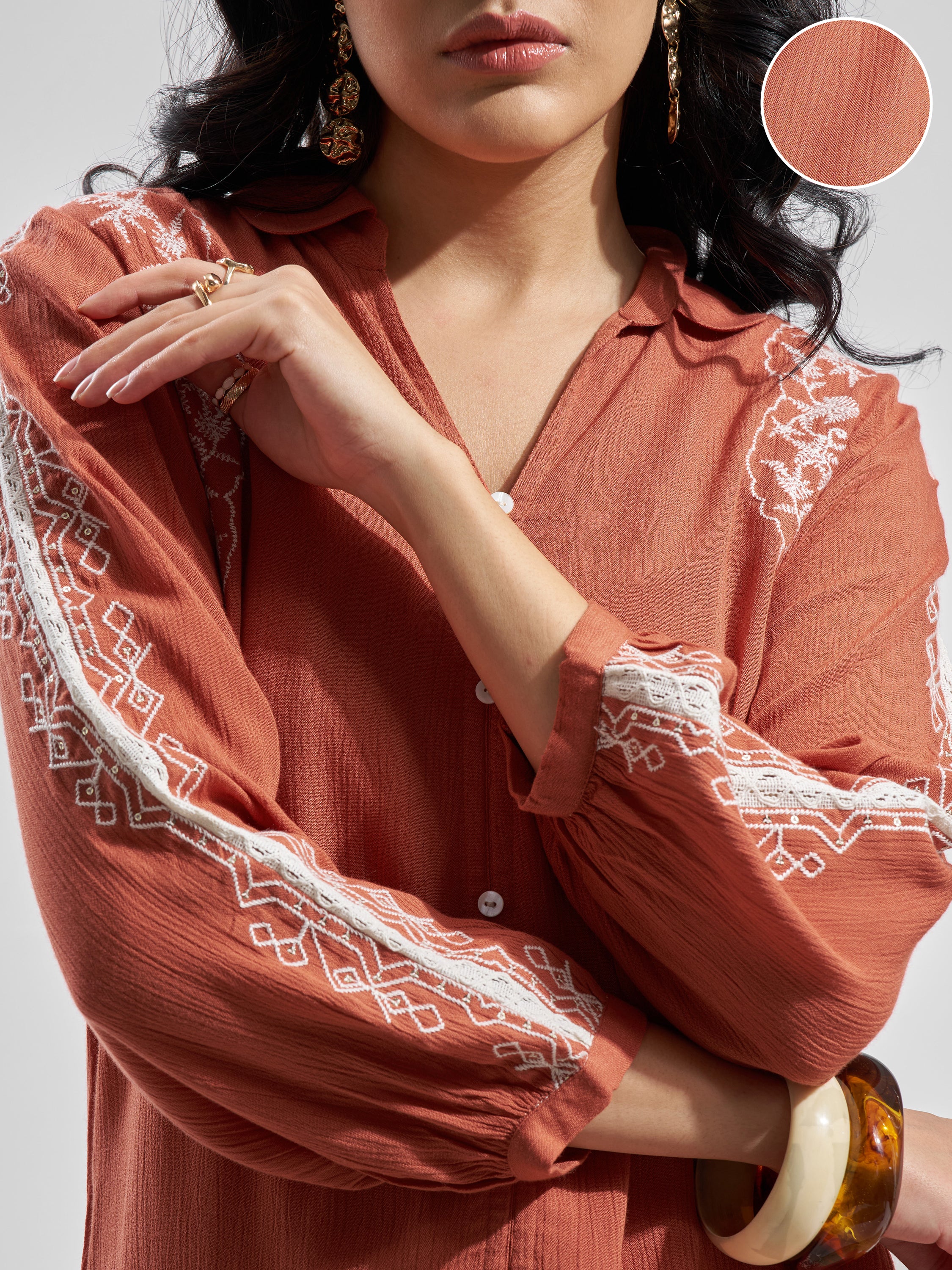 Vara By Vishudh Women Rust Embroidered Top - Rust - Image 5