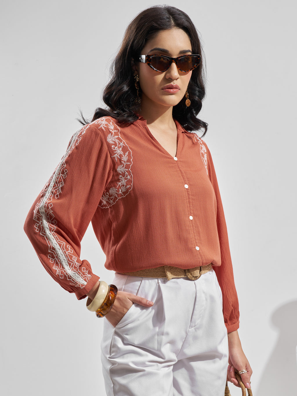 Vara By Vishudh Women Rust Embroidered Top - Rust - Image 6