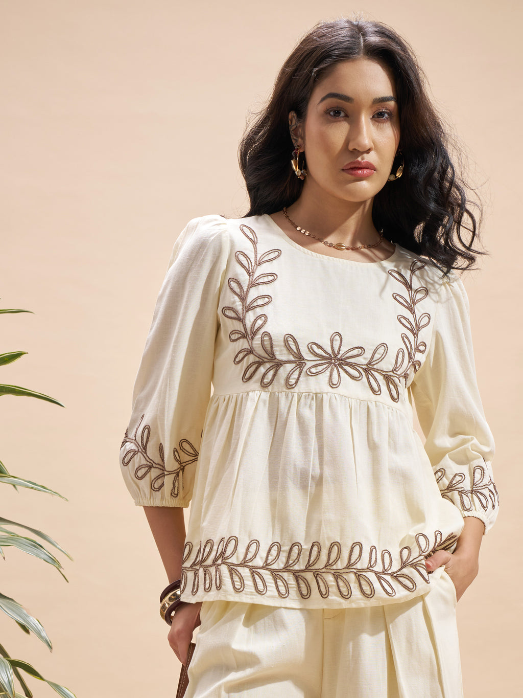 Vara By Vishudh Women Cream Embroidered Top - Cream - Image 1