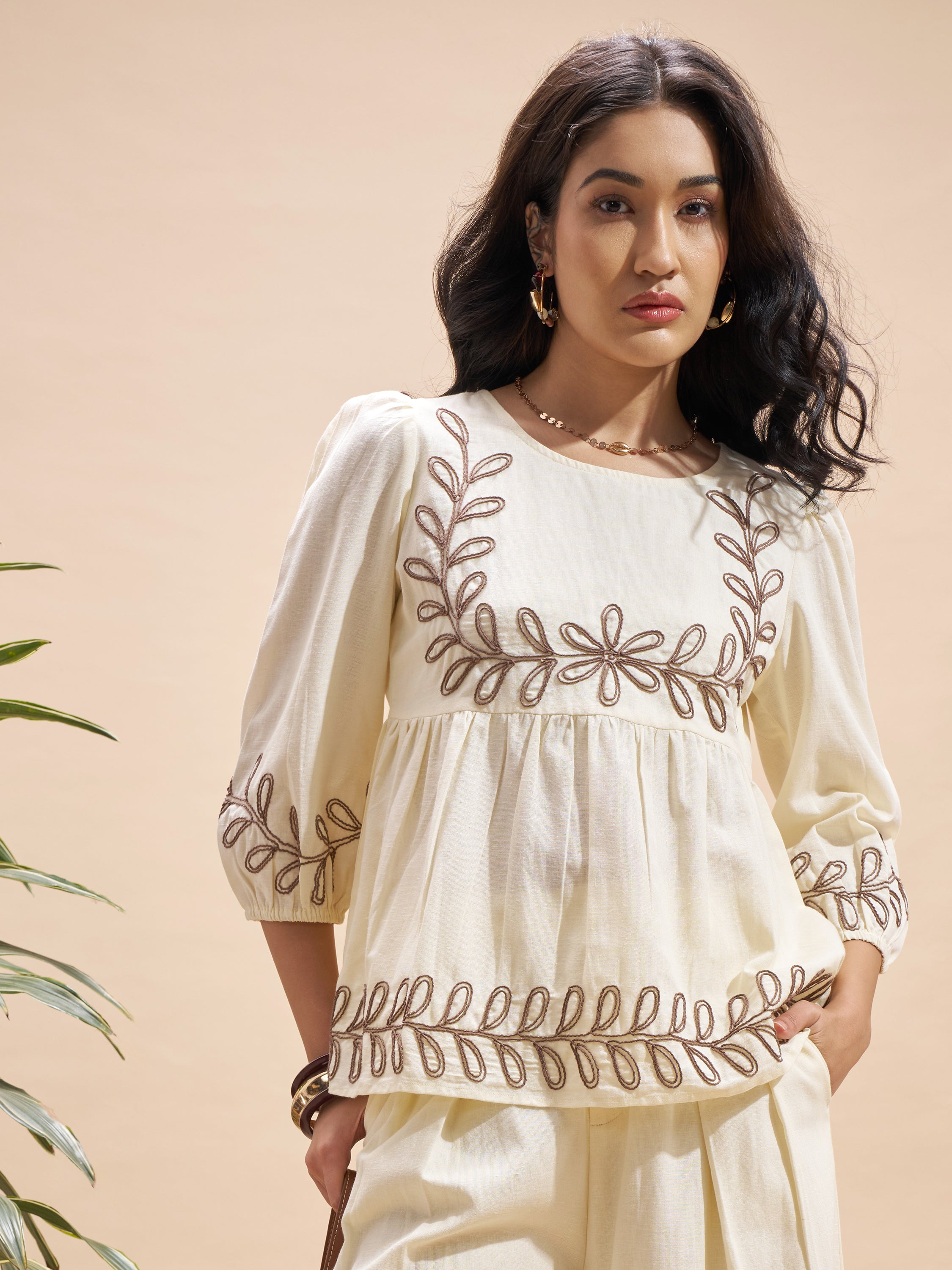 Vara By Vishudh Women Cream Embroidered Top - Cream - Image 1
