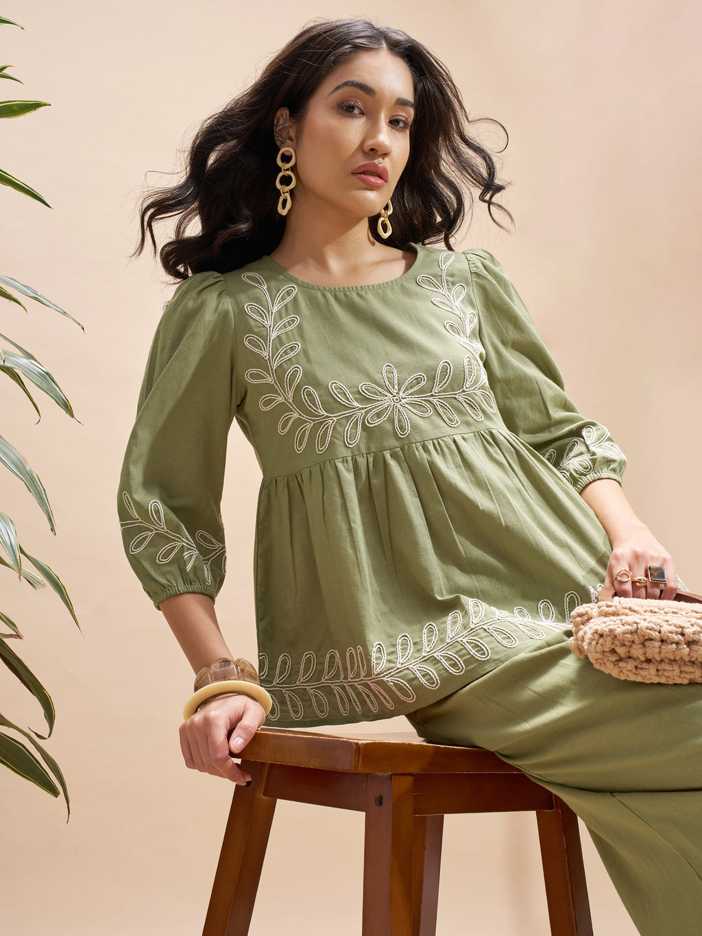 Vara By Vishudh Women Olive Embroidered Top - Olive - Image 1