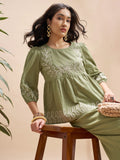 Vara By Vishudh Women Olive Embroidered Top - Olive - Image 1