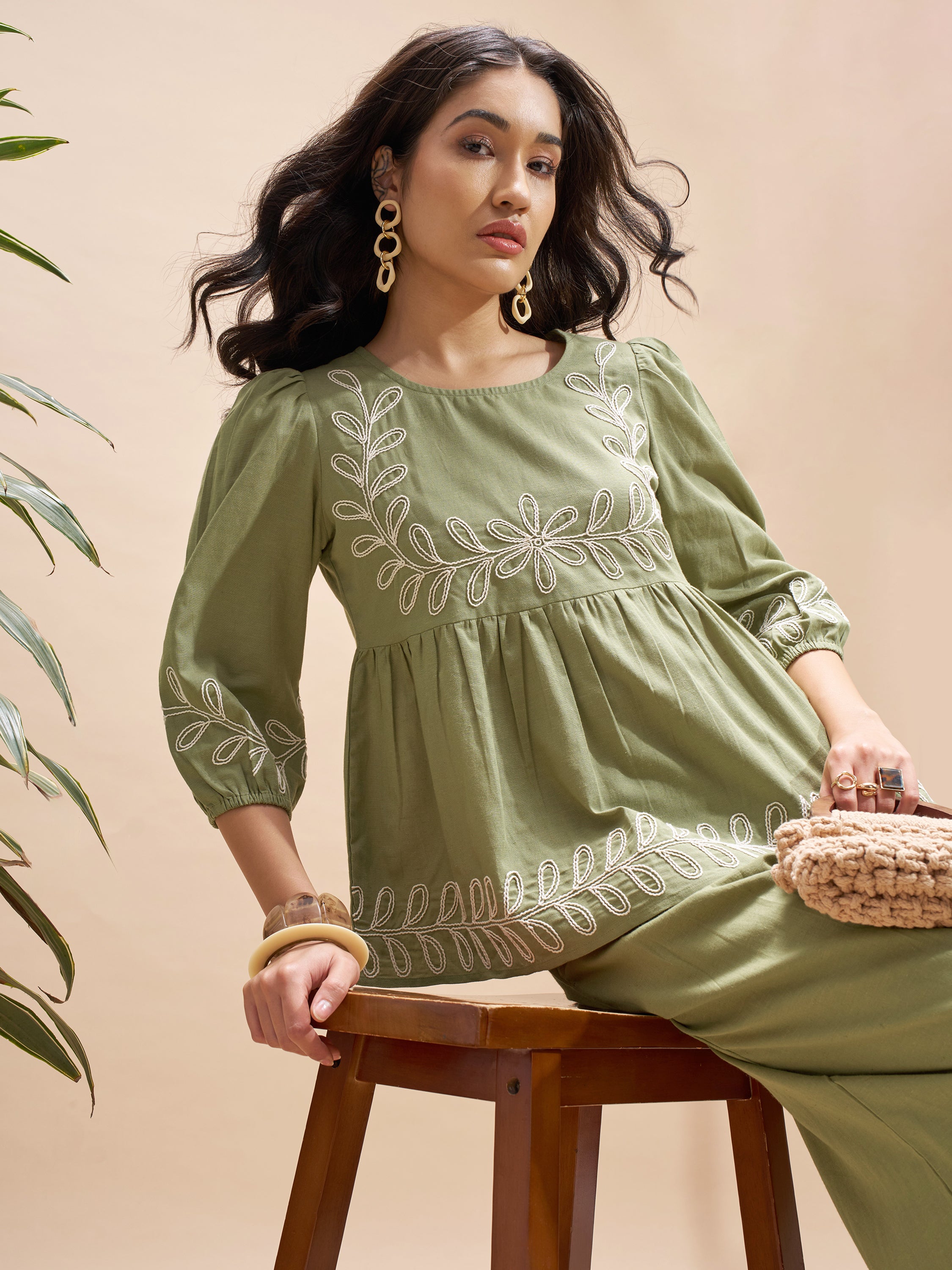 Vara By Vishudh Women Olive Embroidered Top - Olive - Image 1
