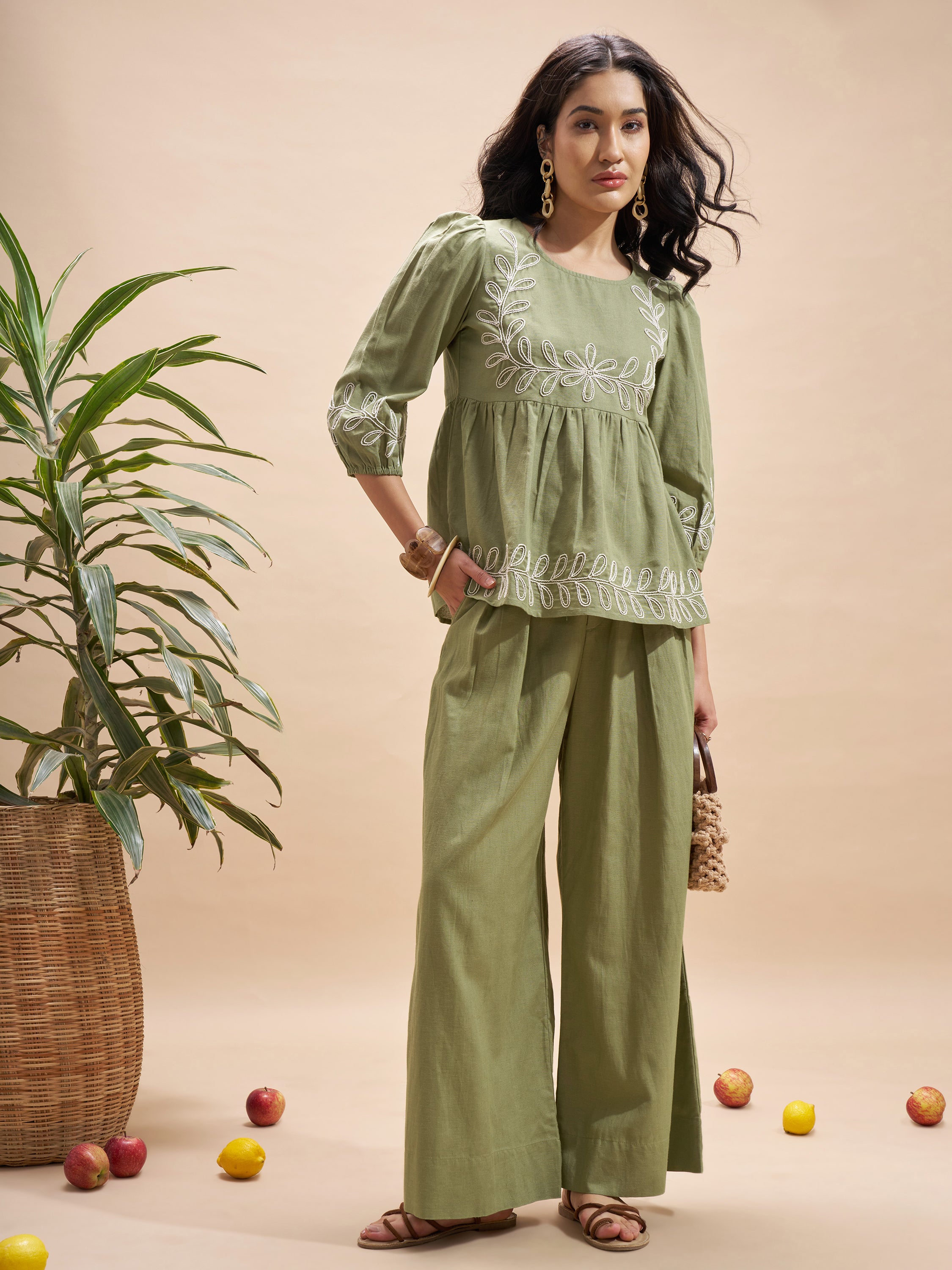 Vara By Vishudh Women Olive Embroidered Top - Olive - Image 2
