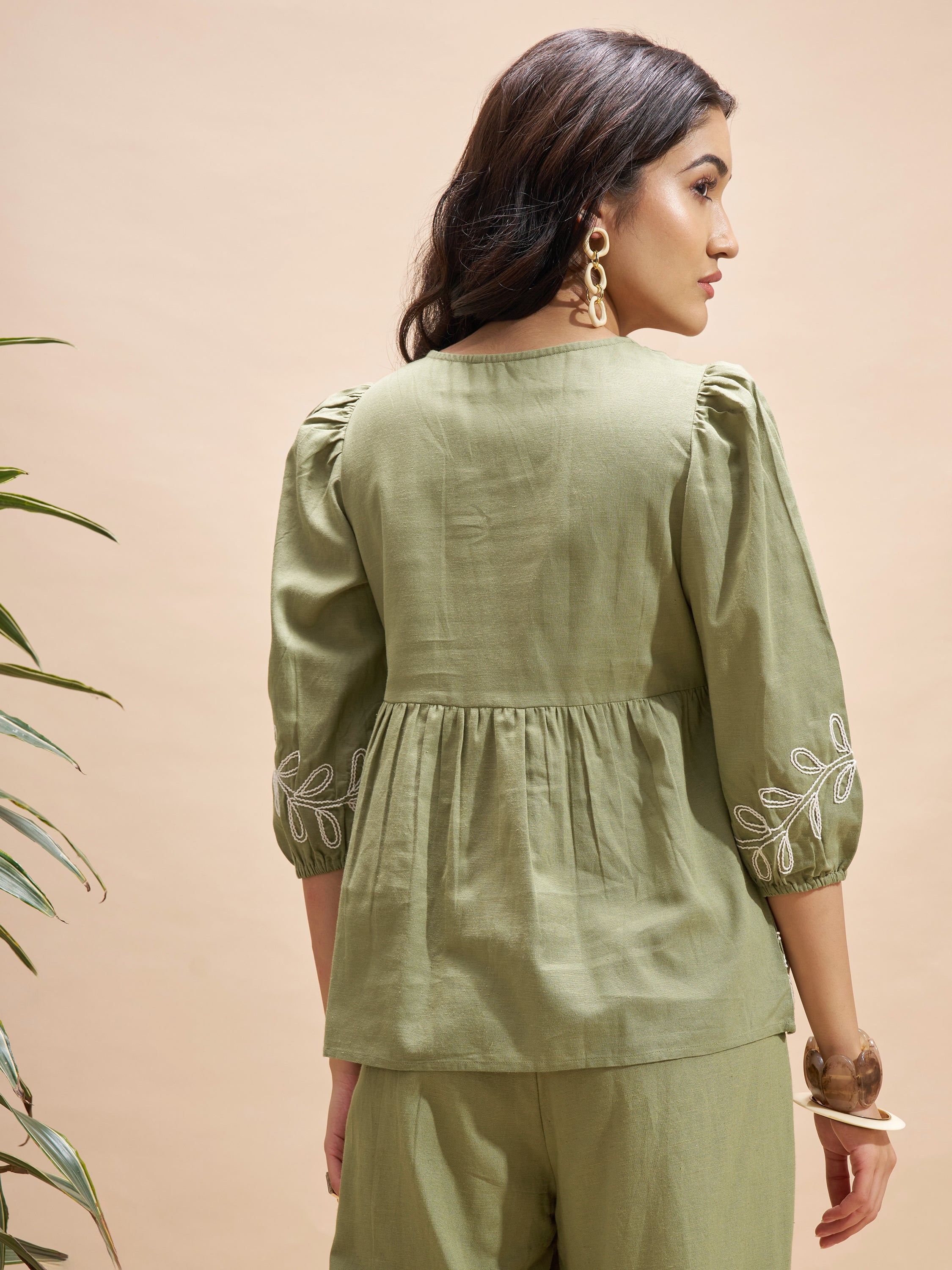 Vara By Vishudh Women Olive Embroidered Top - Olive - Image 3