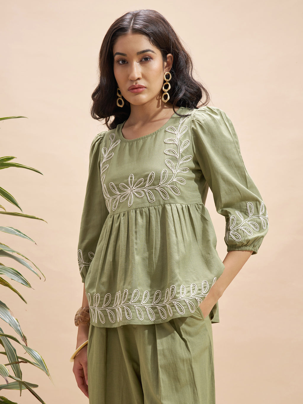 Vara By Vishudh Women Olive Embroidered Top - Olive - Image 4