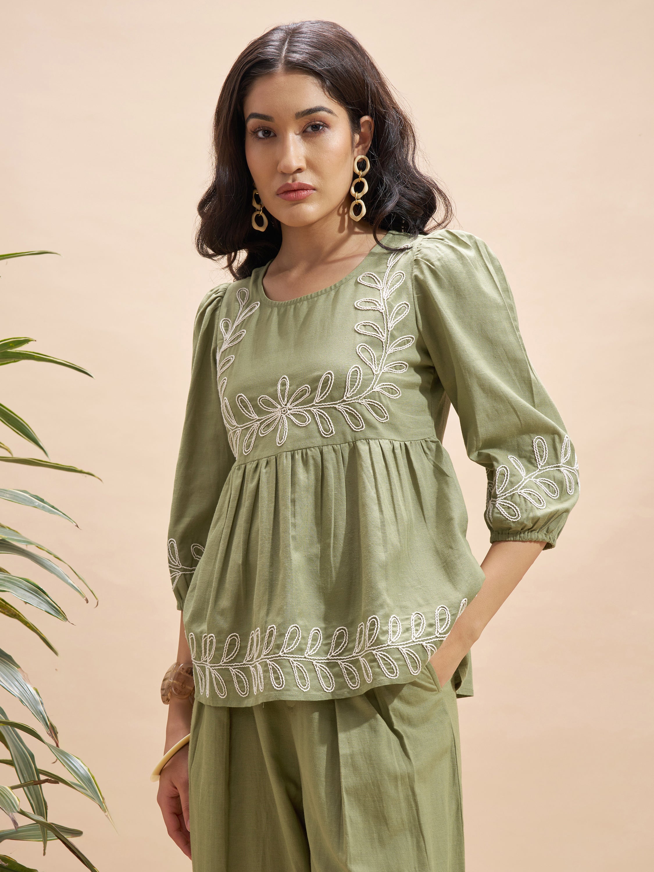 Vara By Vishudh Women Olive Embroidered Top - Olive - Image 4