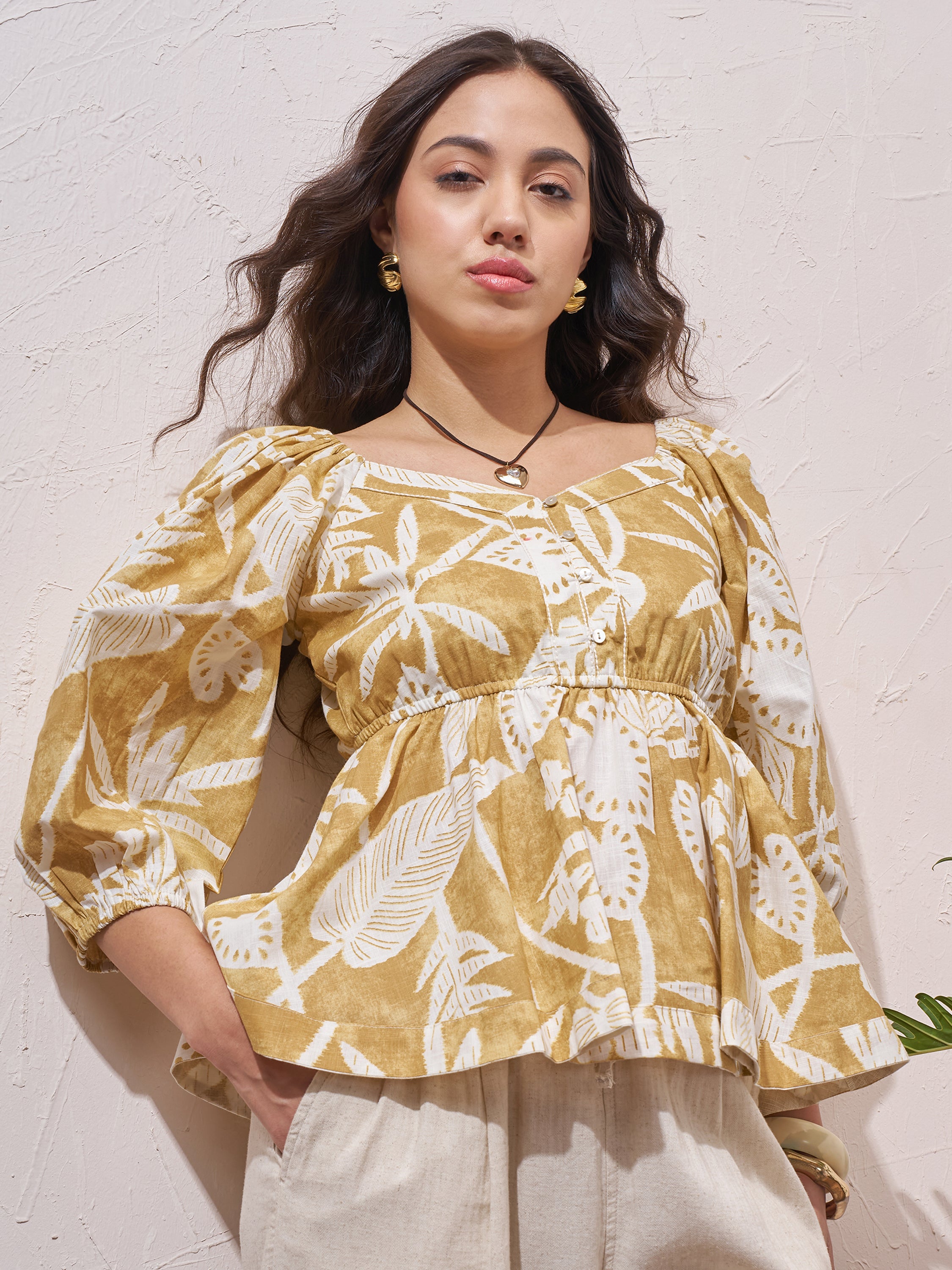 Vara By Vishudh Womens Mustard Printed Regular Top - Mustard - Image 1