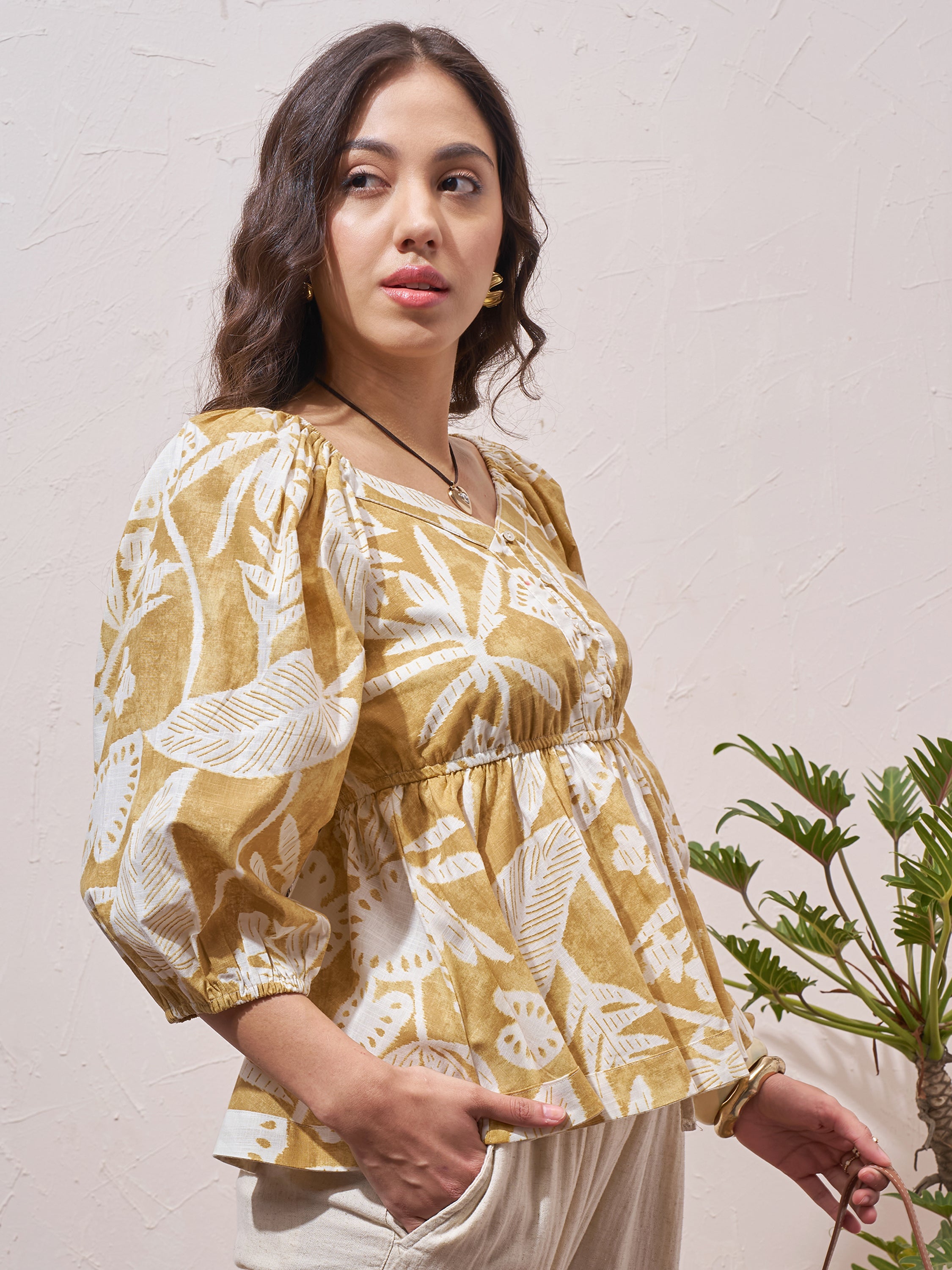 Vara By Vishudh Womens Mustard Printed Regular Top - Mustard - Image 6