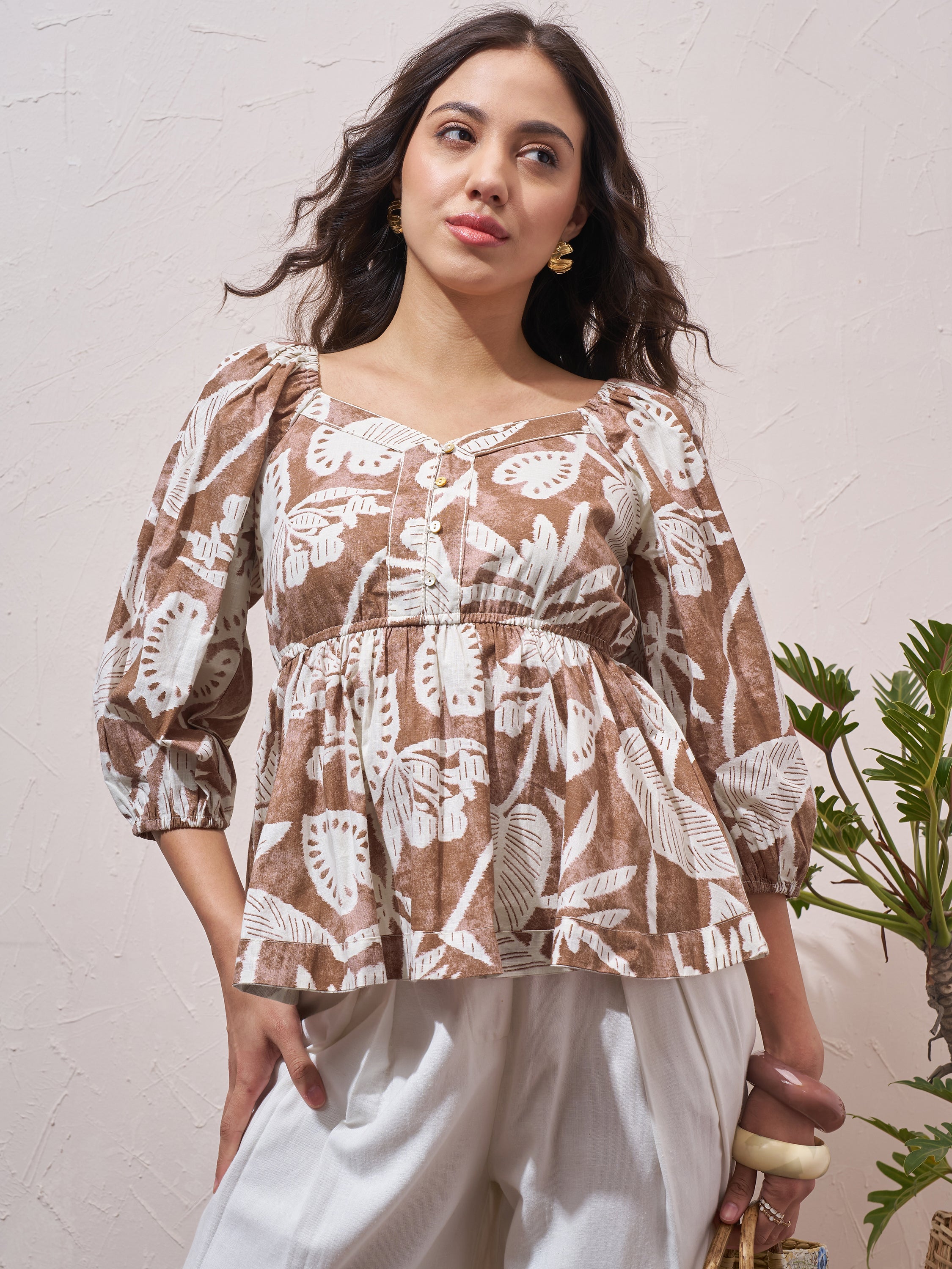 Vara By Vishudh Womens Brown Printed Regular Top - Brown - Image 1