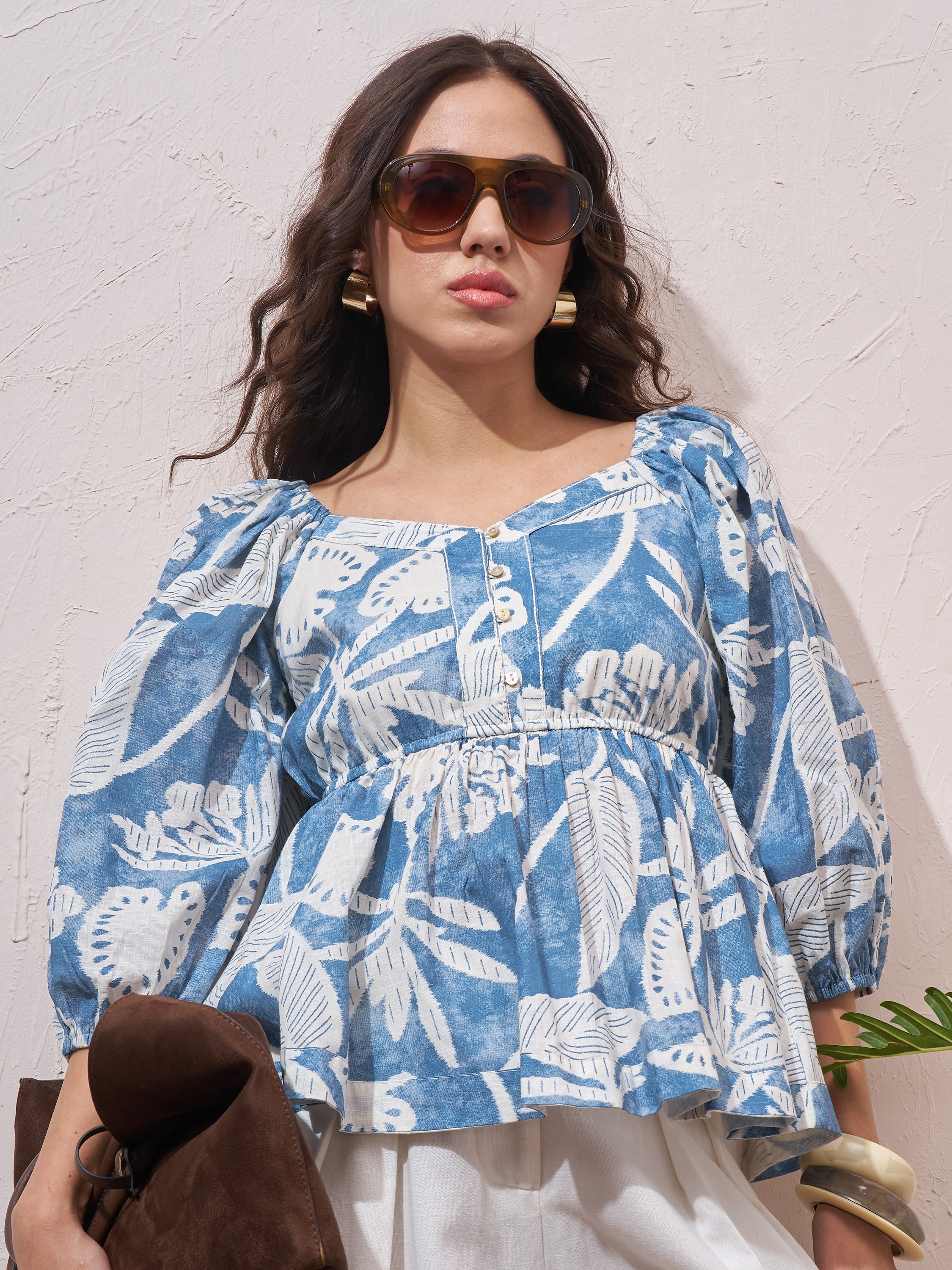 Vara By Vishudh Womens Blue Printed Regular Top - Blue - Image 1