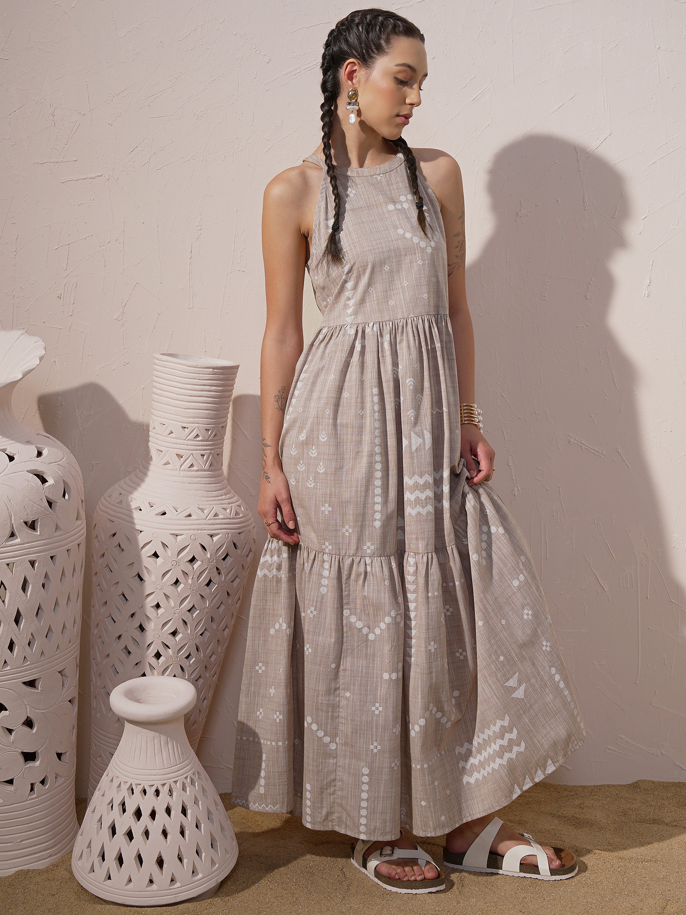 Vara By Vishudh Women Beige Printed Maxi Dress - Beige - Image 1