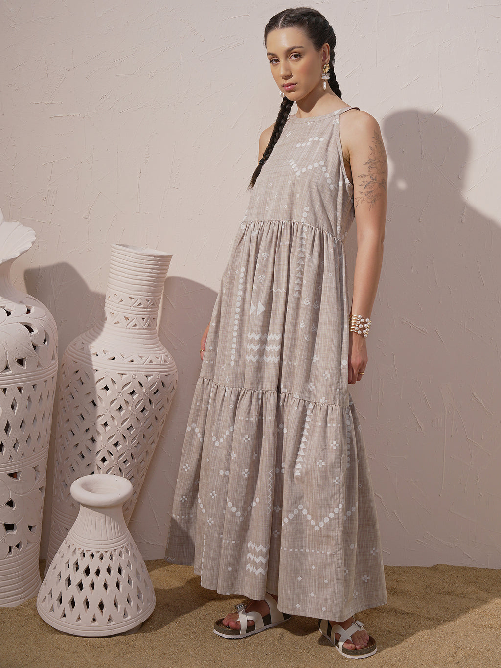 Vara By Vishudh Women Beige Printed Maxi Dress - Beige - Image 2