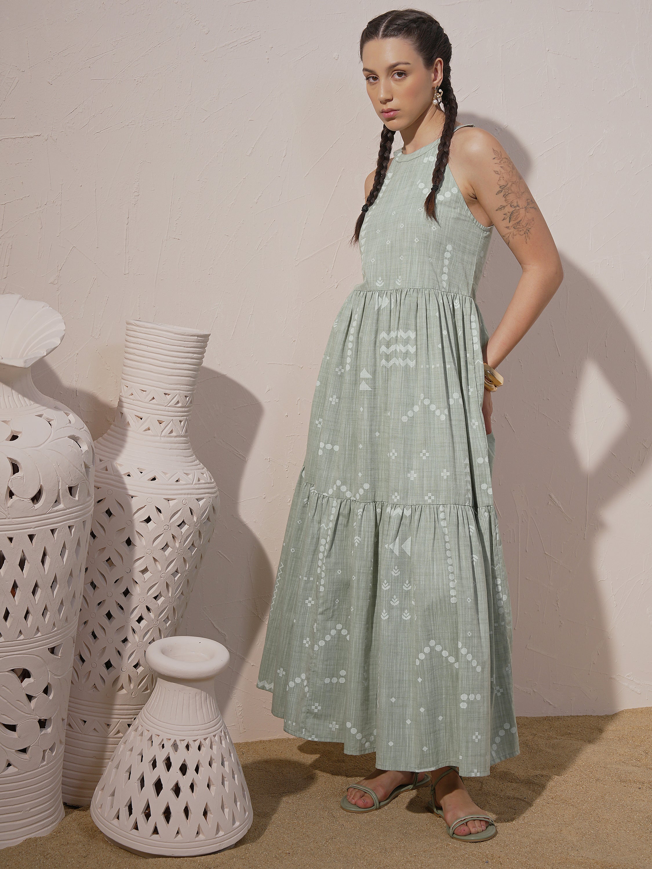Vara By Vishudh Women Green Printed Maxi Dress - Green - Image 2