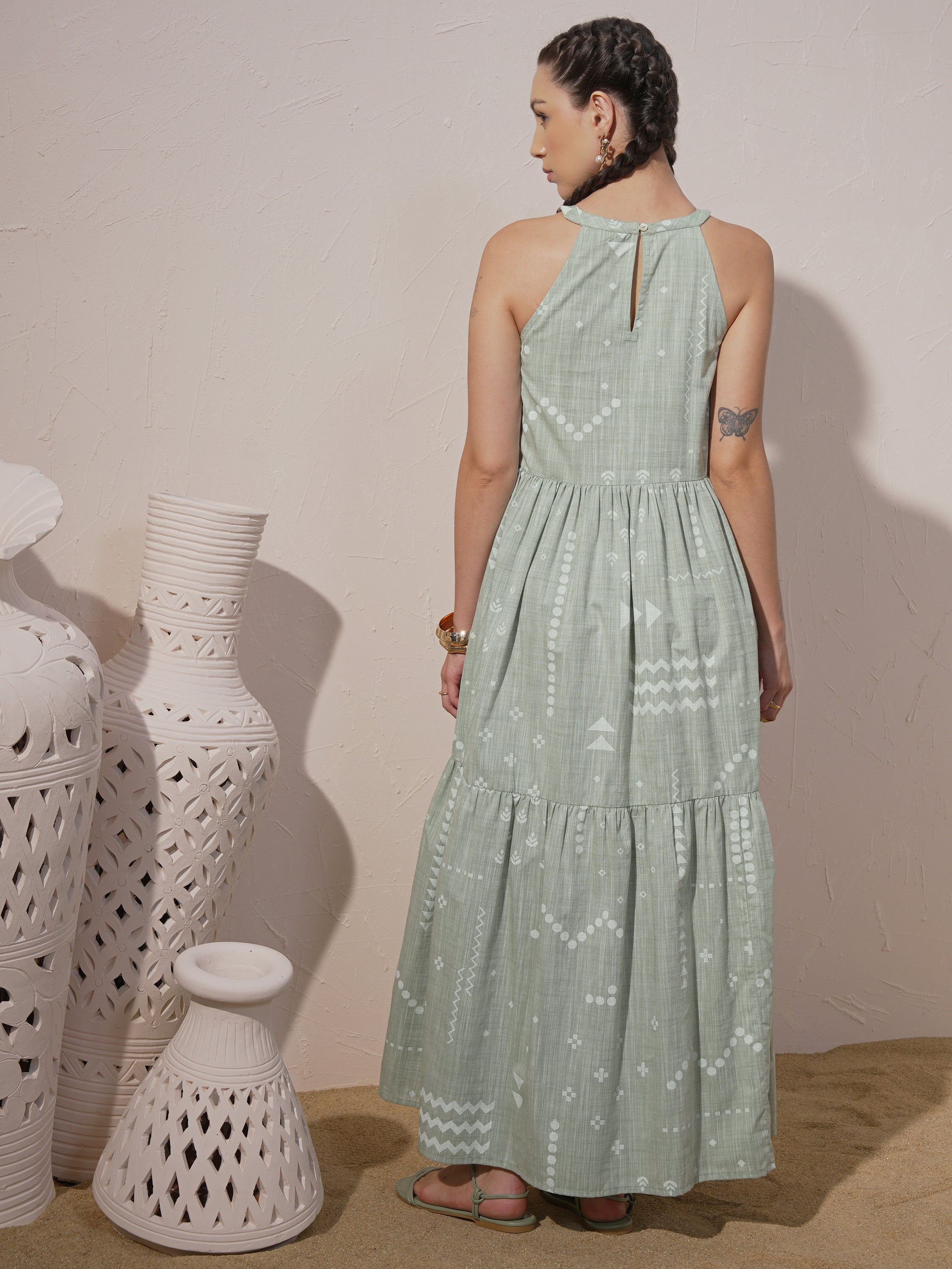 Vara By Vishudh Women Green Printed Maxi Dress - Green - Image 3