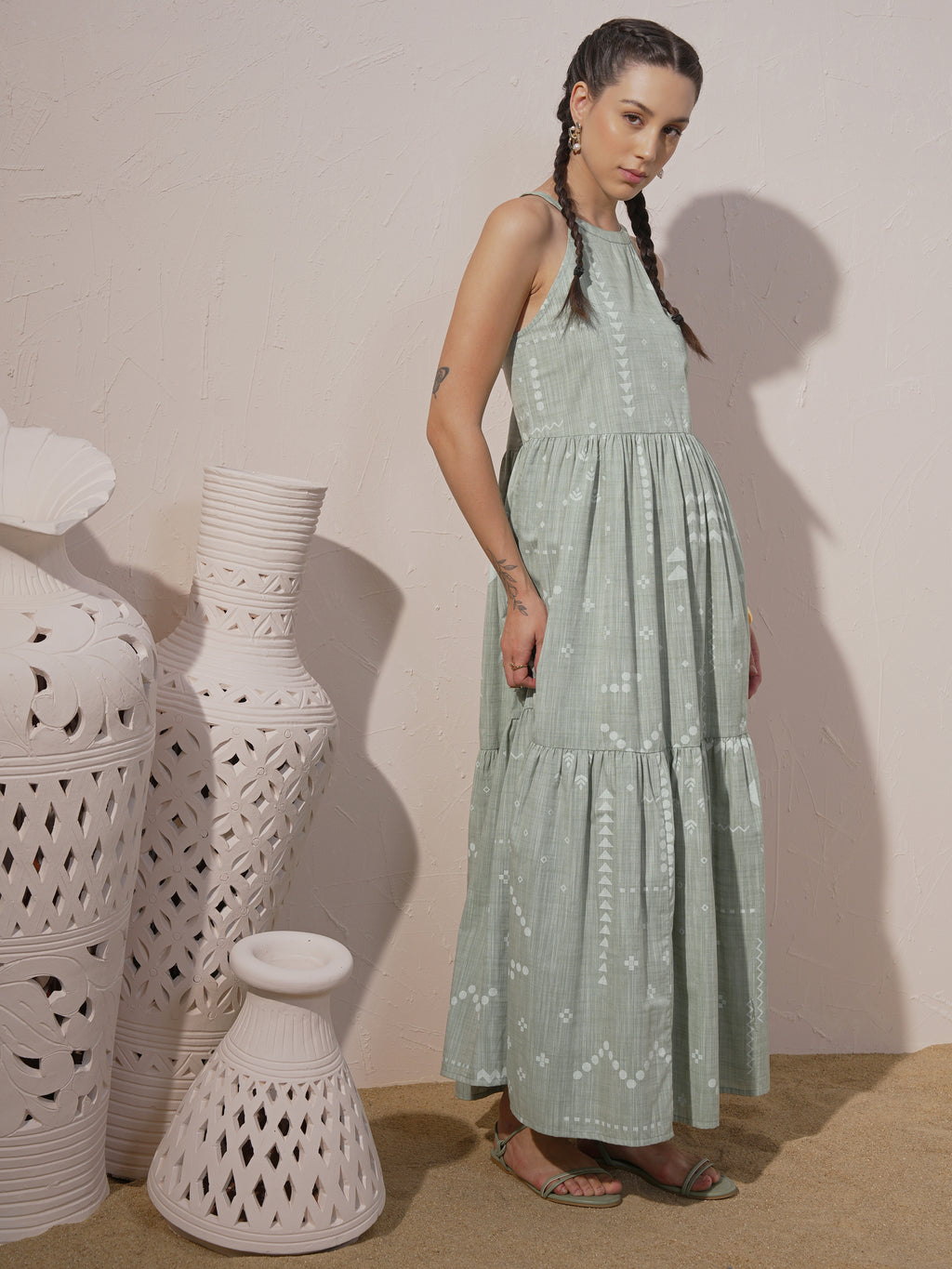 Vara By Vishudh Women Green Printed Maxi Dress - Green - Image 4