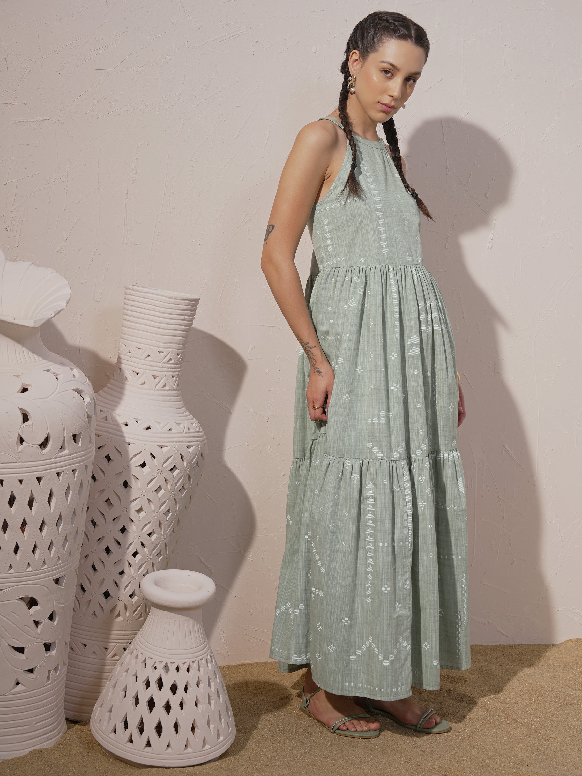 Vara By Vishudh Women Green Printed Maxi Dress - Green - Image 4