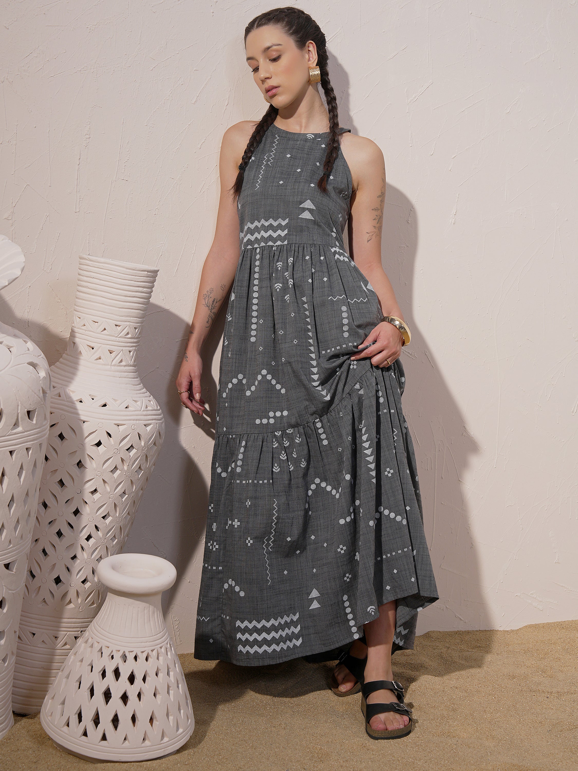 Vara By Vishudh Women Grey Printed Maxi Dress - Grey - Image 1