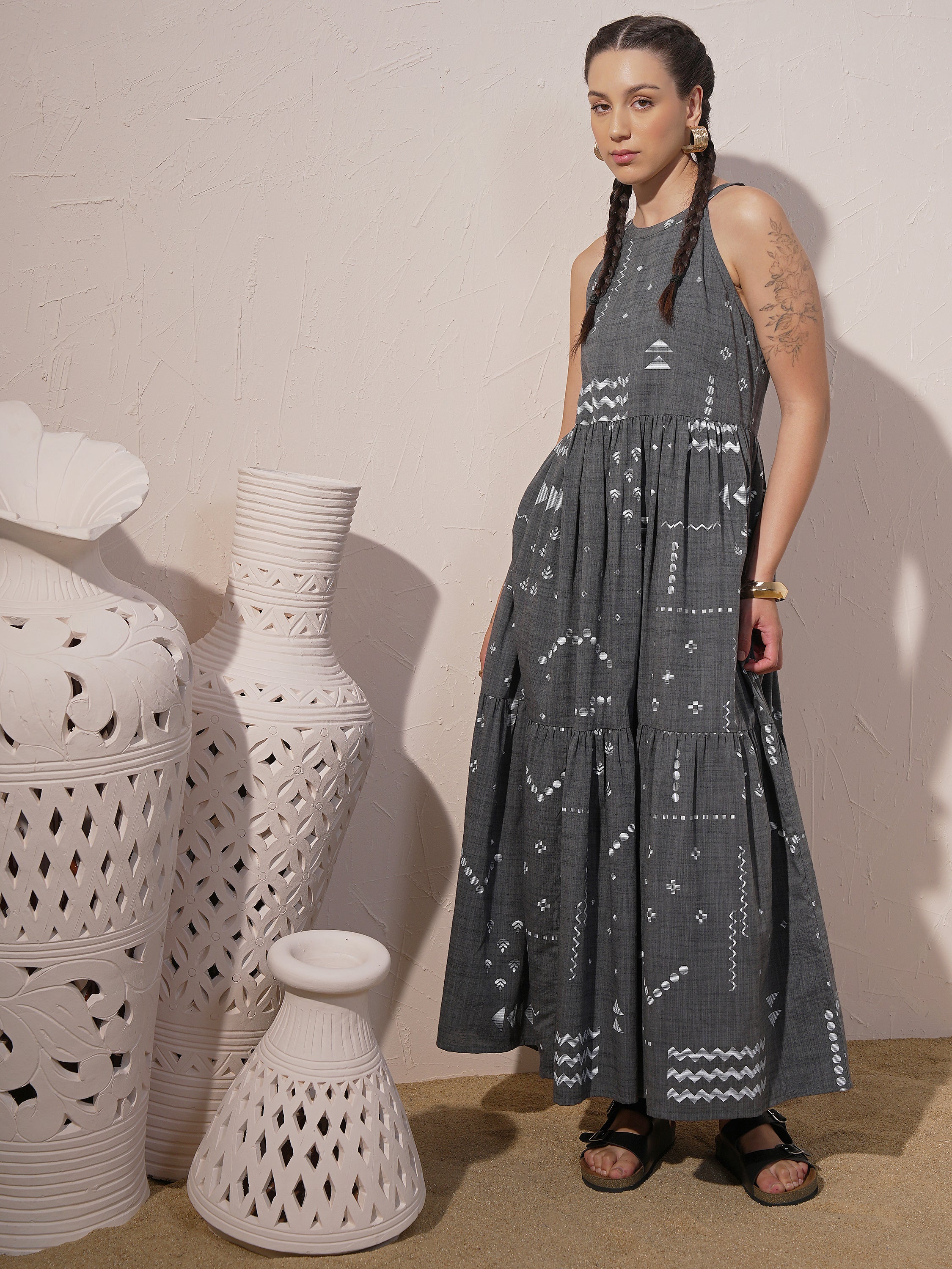 Vara By Vishudh Women Grey Printed Maxi Dress - Grey - Image 2