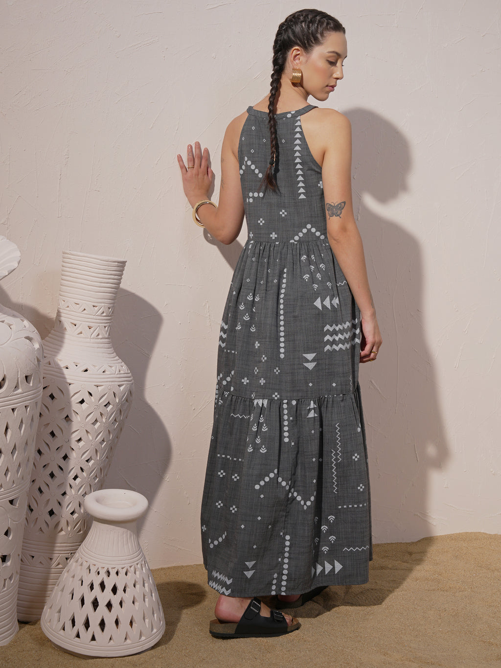 Vara By Vishudh Women Grey Printed Maxi Dress - Grey - Image 3