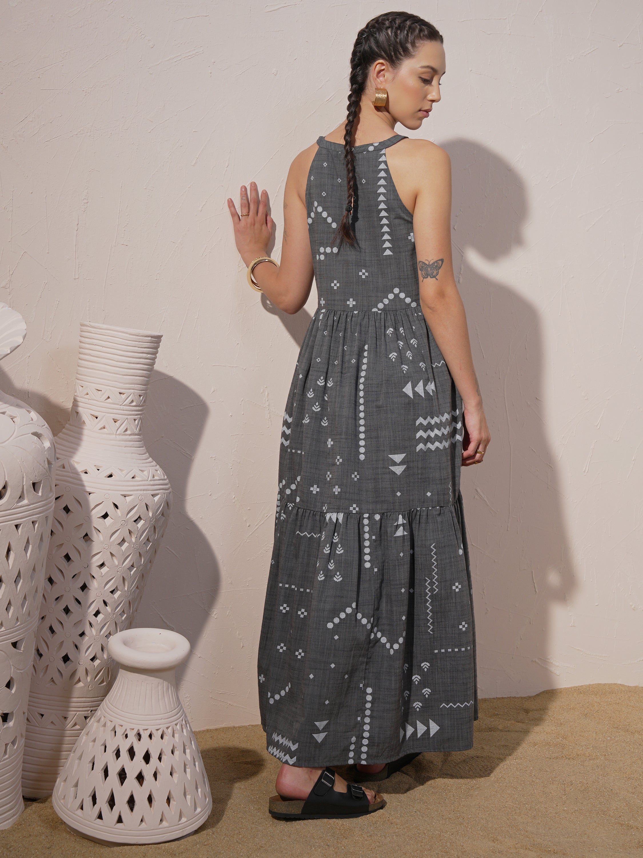 Vara By Vishudh Women Grey Printed Maxi Dress - Grey - Image 3
